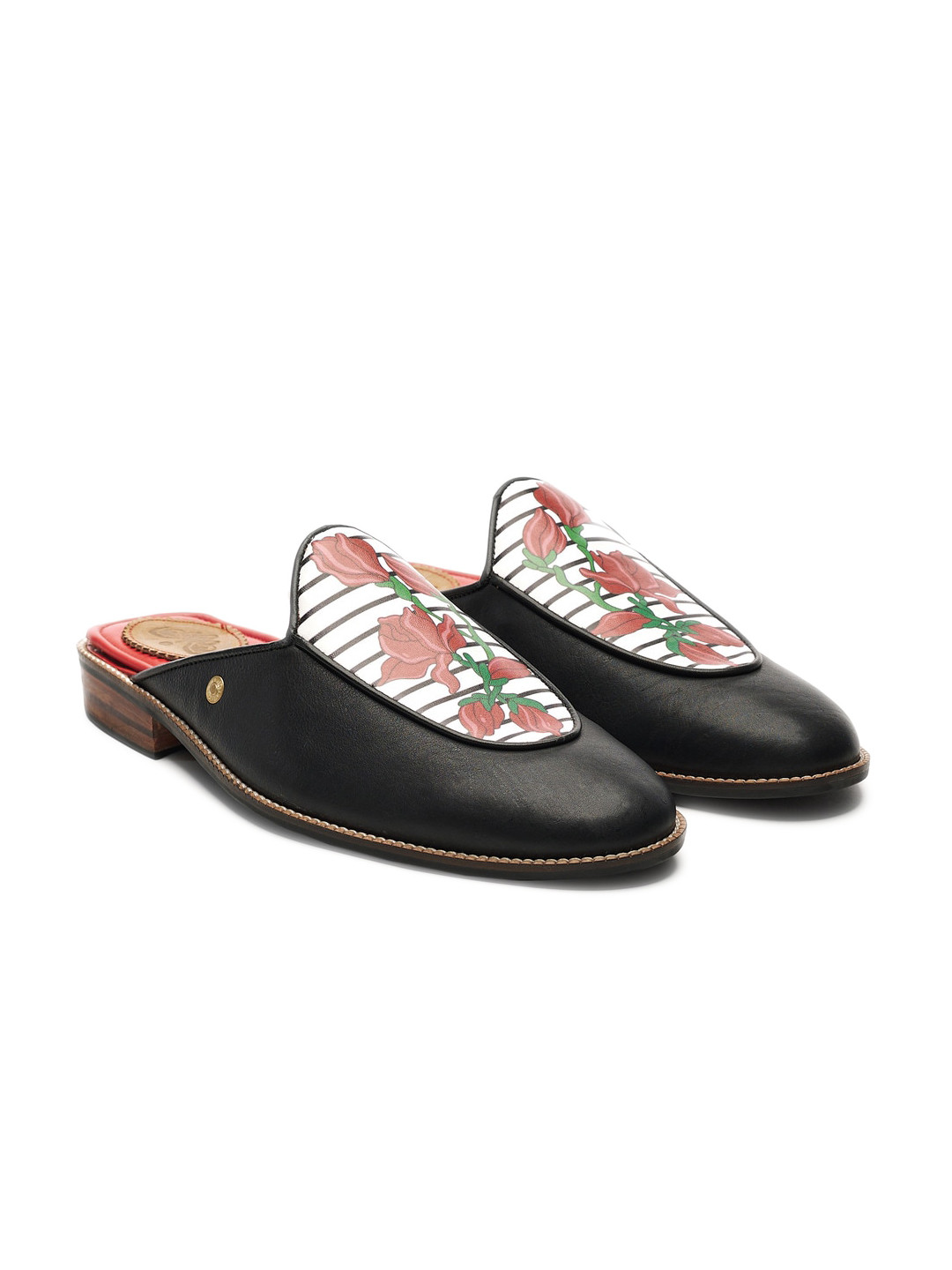 

Banjaaran Studio Men Bloom Printed Leather Memory Foam Insole Mules, Black