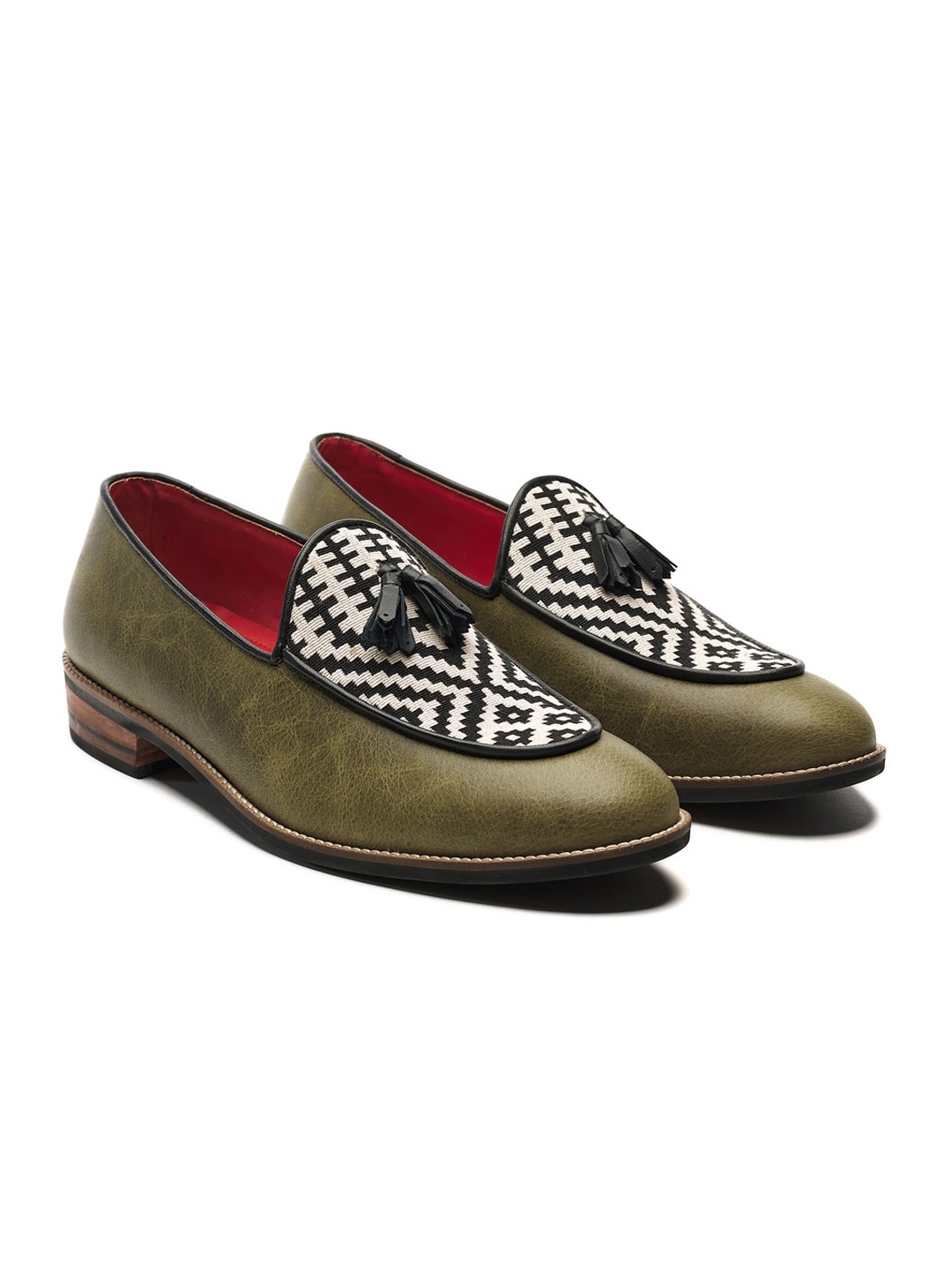 

Banjaaran Studio Men Texo Printed Leather Memory Foam Insole Tassel Loafers, Olive