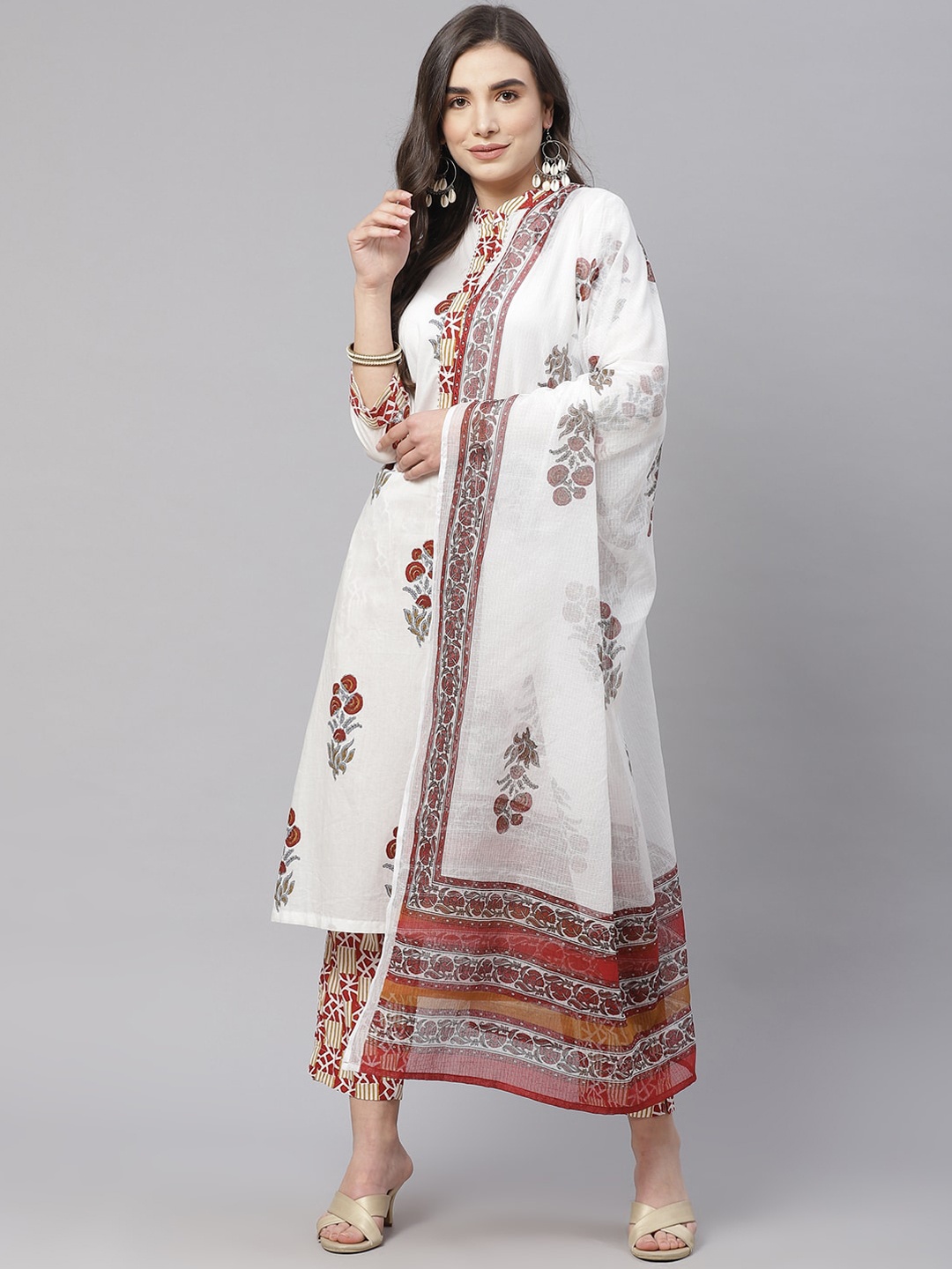 

KALINI Ethnic Motifs Printed Gotta Patti Pure Cotton Straight Kurta & Trouser With Dupatta, White