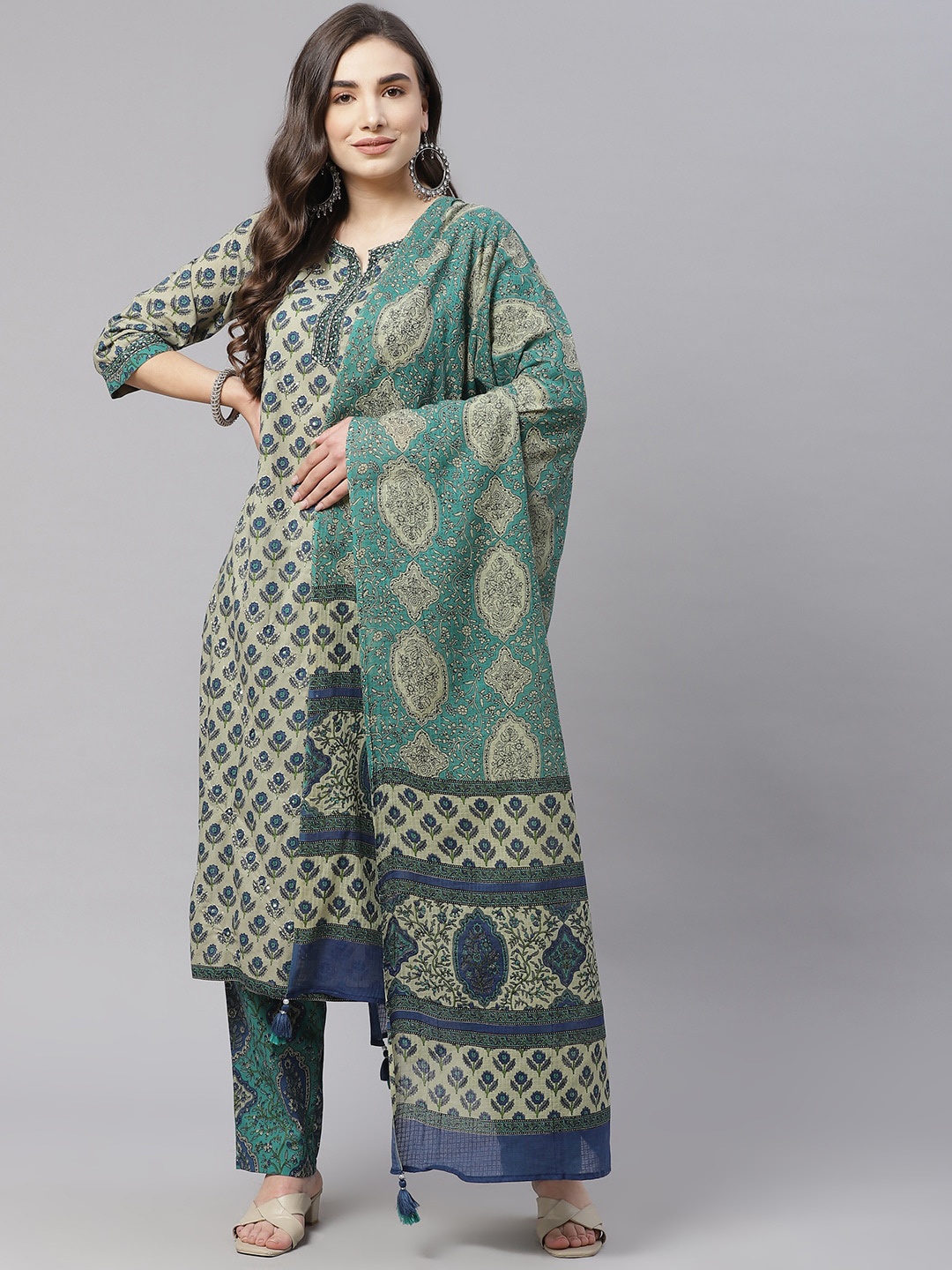 

KALINI Ethnic Motifs Printed Sequinned Pure Cotton Straight Kurta & Trouser With Dupatta, Green