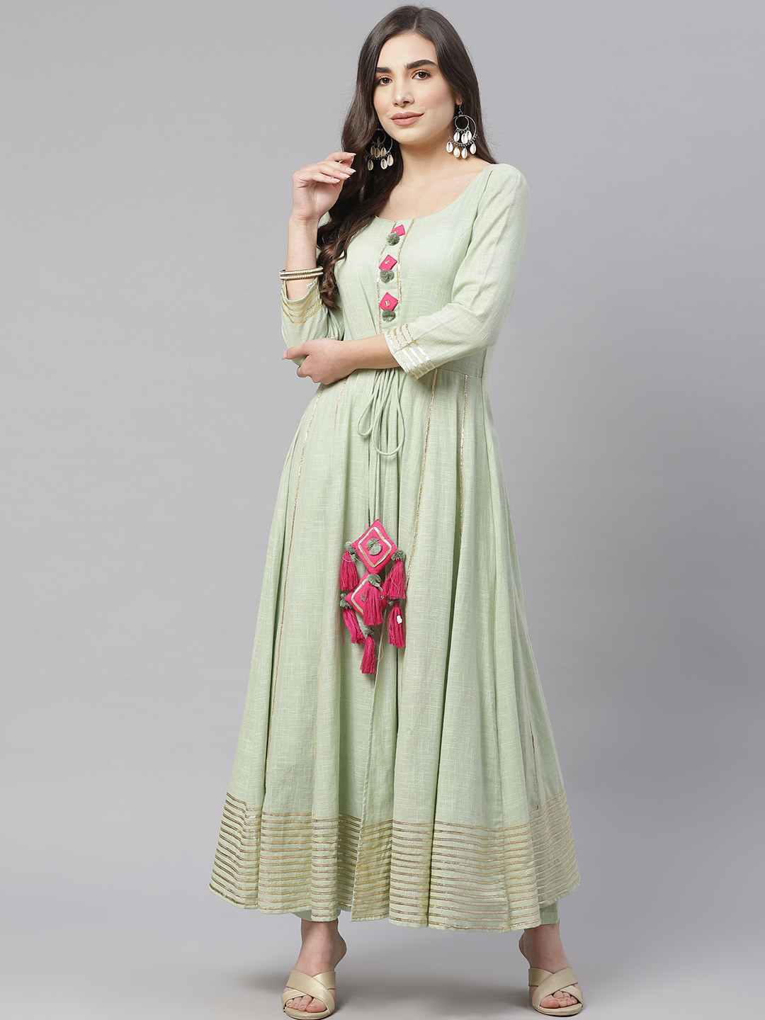 

KALINI Gotta Patti Detailed Pure Cotton Anarkali Kurta With Trouser, Green