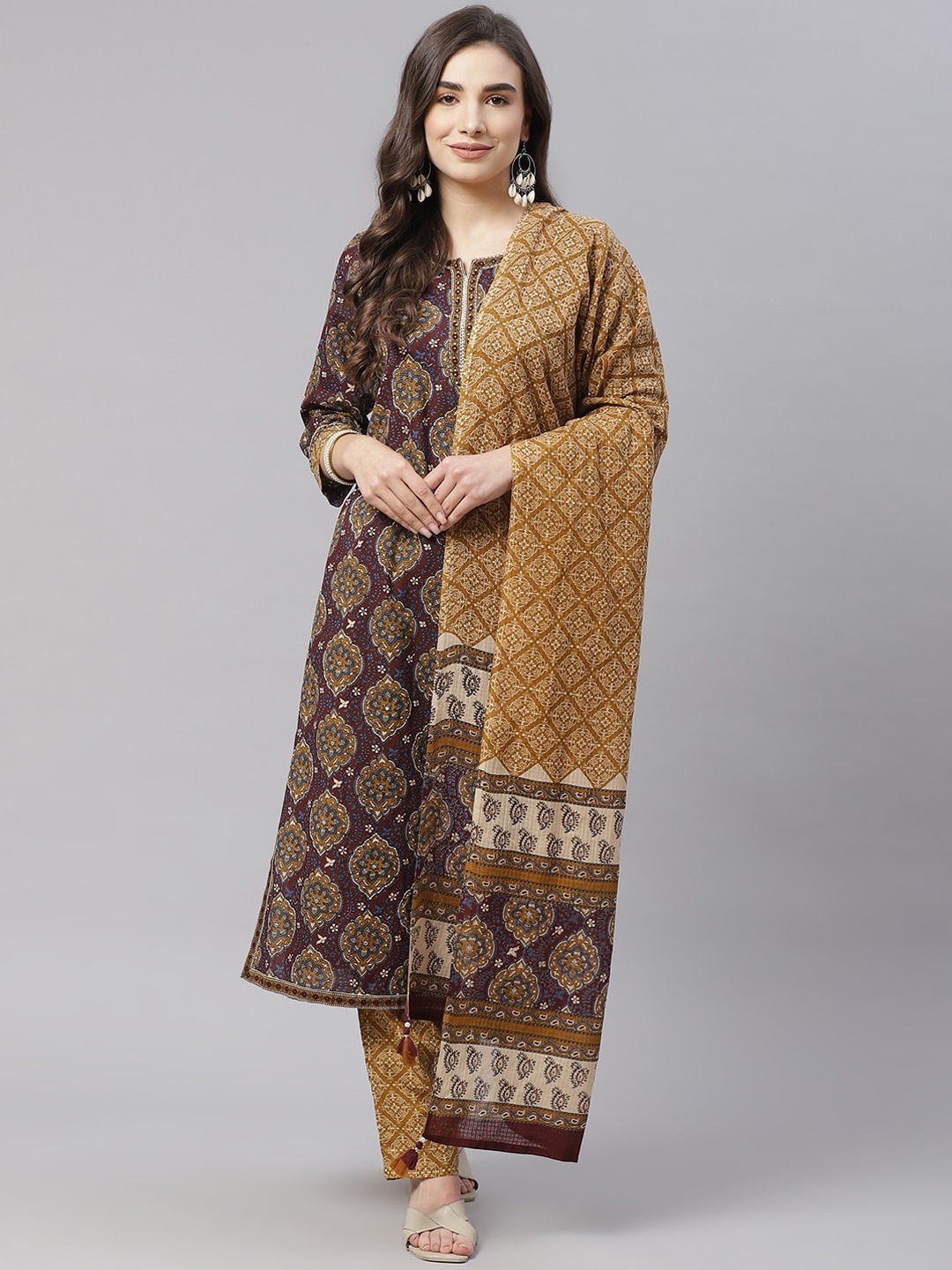 

KALINI Ethnic Motifs Printed Sequinned Pure Cotton Straight Kurta & Trouser With Dupatta, Coffee brown