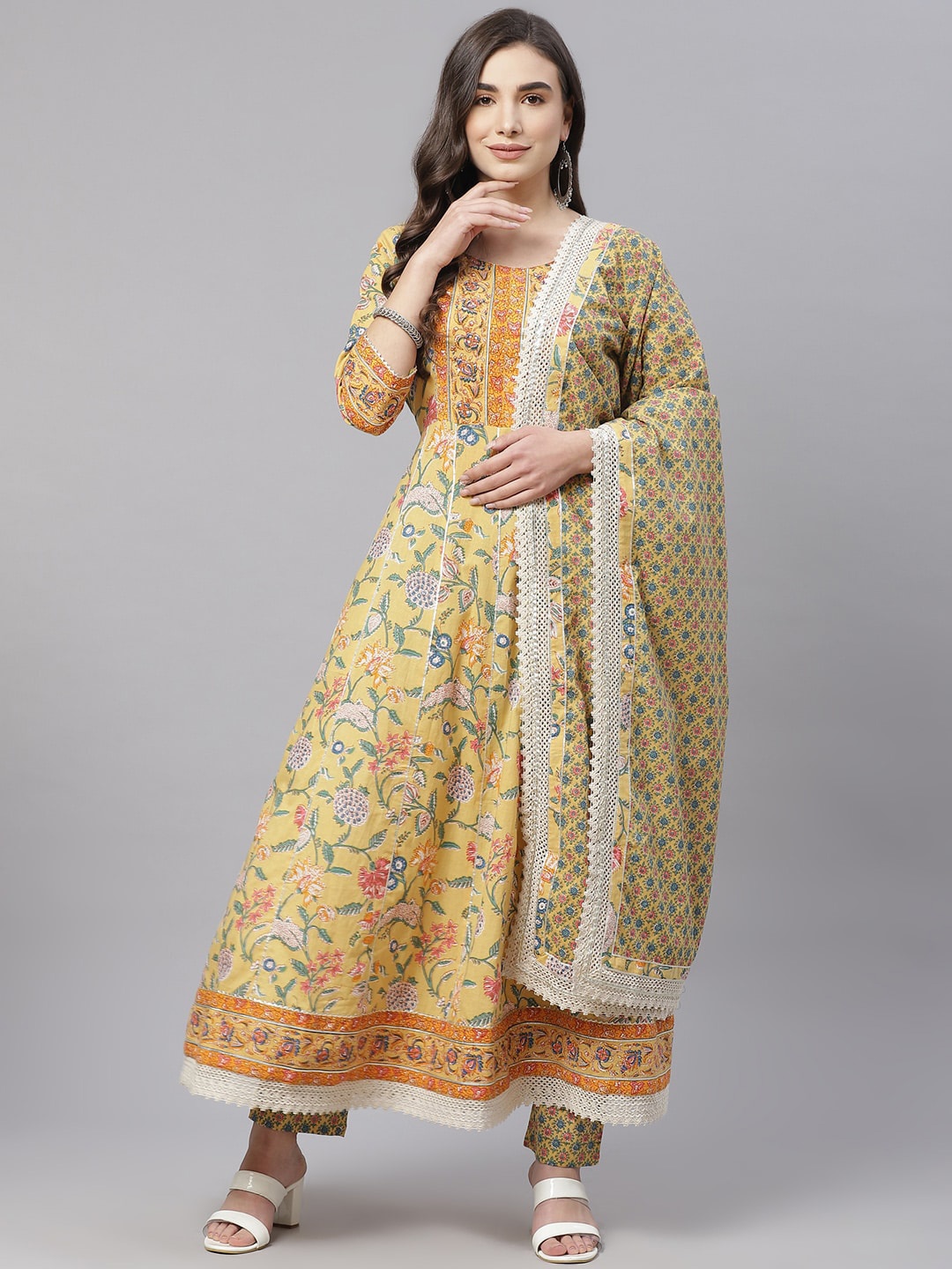 

KALINI Floral Printed Gotta Patti Detail Pure Cotton Anarkali Kurta & Trouser With Dupatta, Yellow
