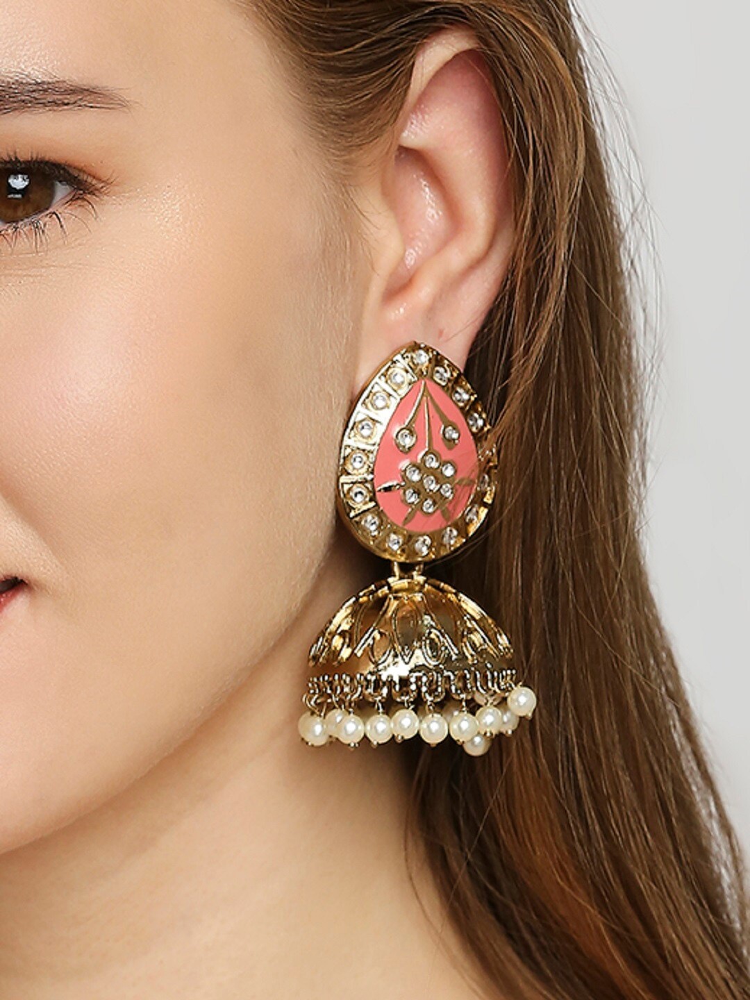 

OOMPH Meenakari Dome Shaped Kundan Studded Jhumkas, Pink