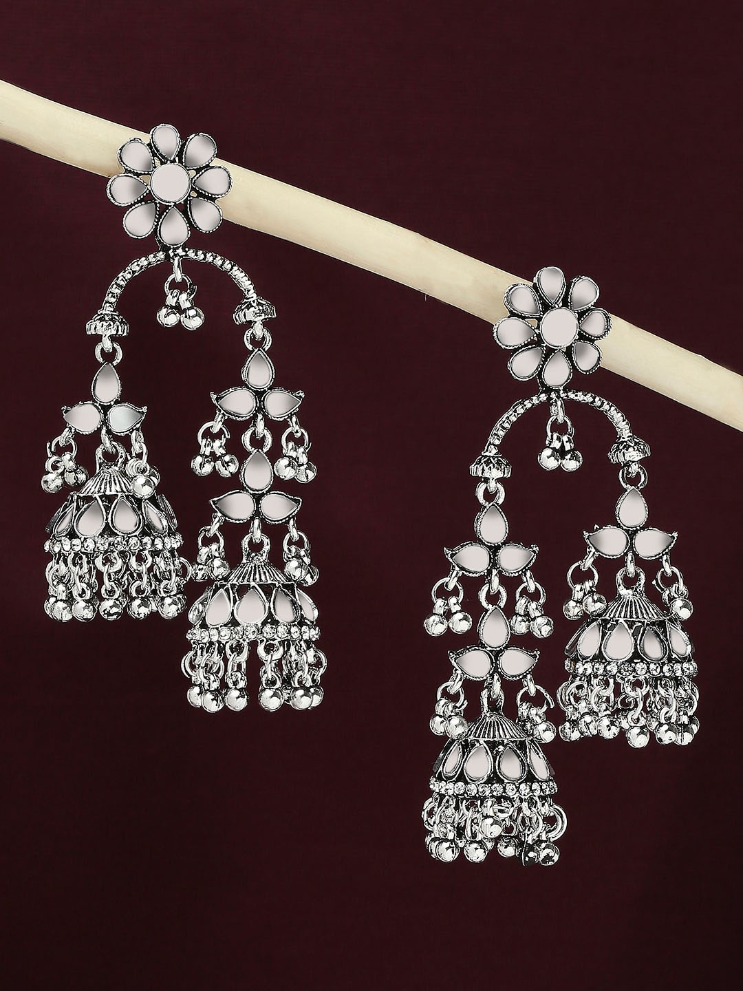 

OOMPH Floral Oxidised Jhumkas, Silver