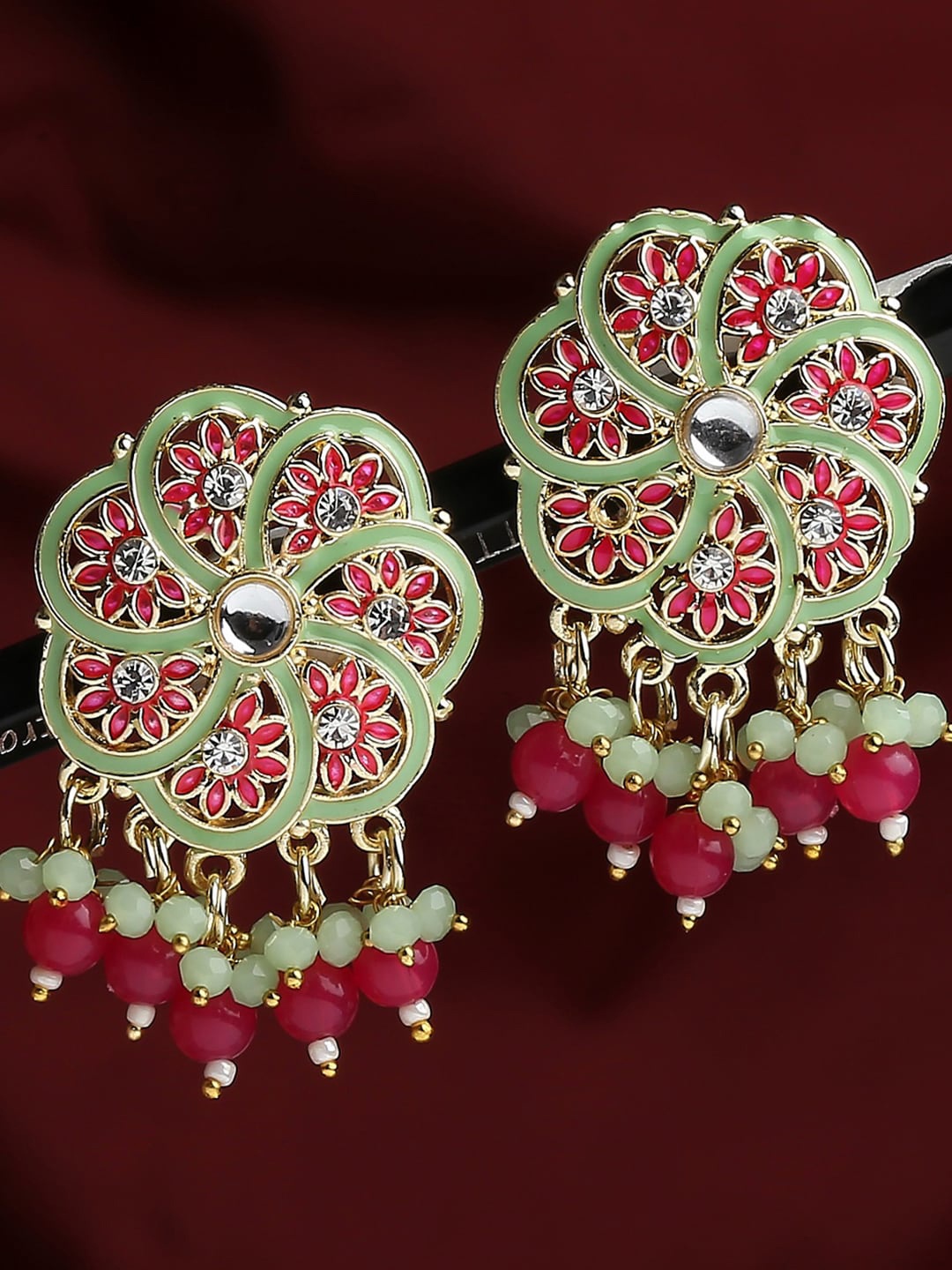 

OOMPH Studded Floral Meenakari Drop Earrings, Pink