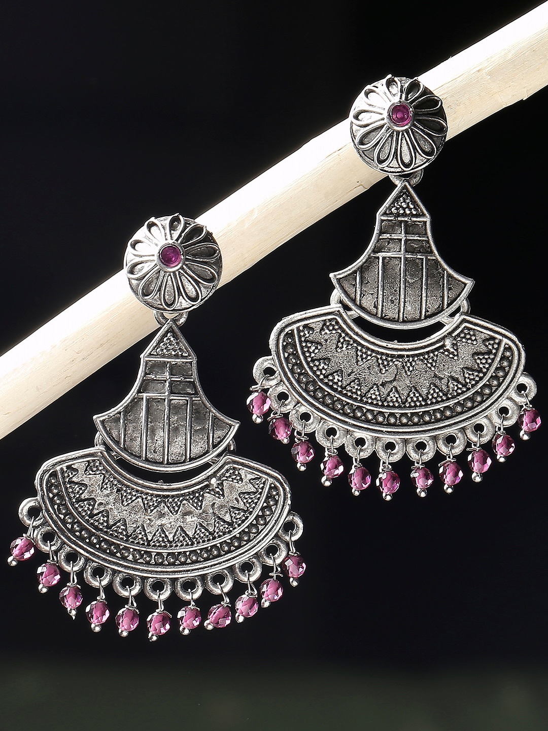 

OOMPH Oxidised Artificial Stones and Beads Studded Drop Earrings, Maroon