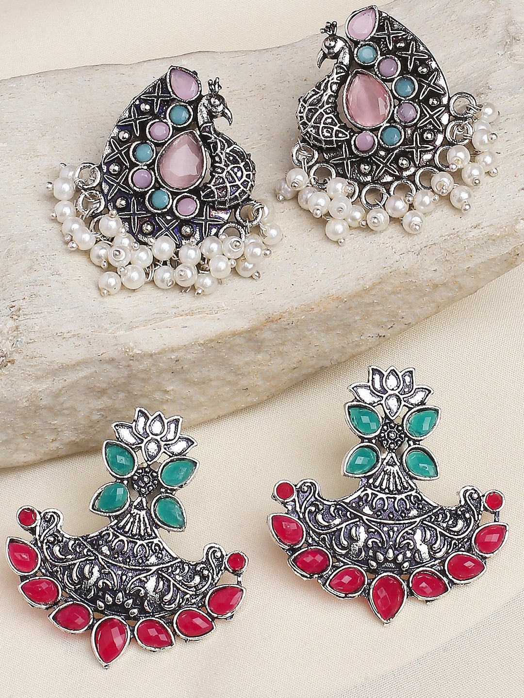 

OOMPH Set Of 2 Artificial Stones and Beads-Studded Oxidised Drop Earrings, Silver