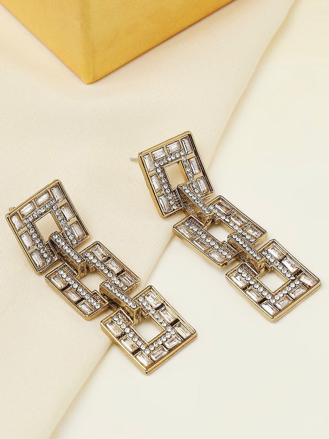 

OOMPH Crystal Studded Square Drop Earrings, Gold