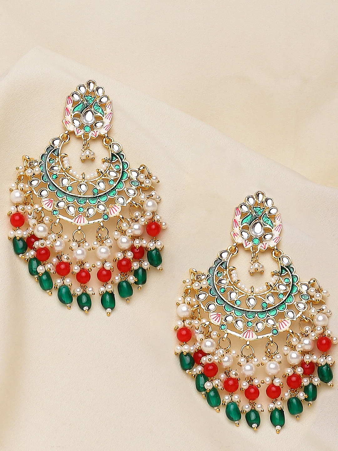 

OOMPH Kundan Studded Meenakari Chandbali Earrings, Green