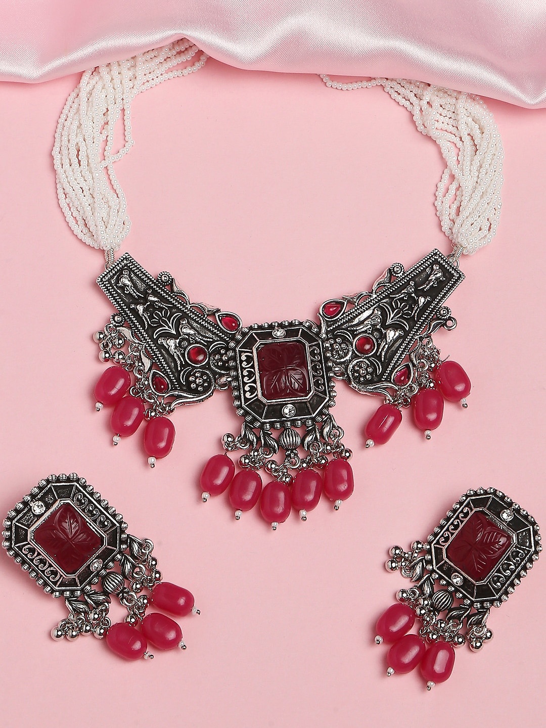 

OOMPH Stones Studded & Beaded Jewellery Set, Silver