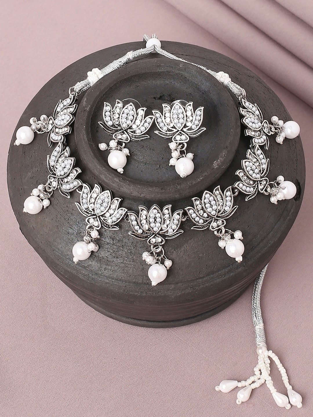 

OOMPH Oxidised Stone-Studded & Artificial Beaded Jewellery Set, Silver