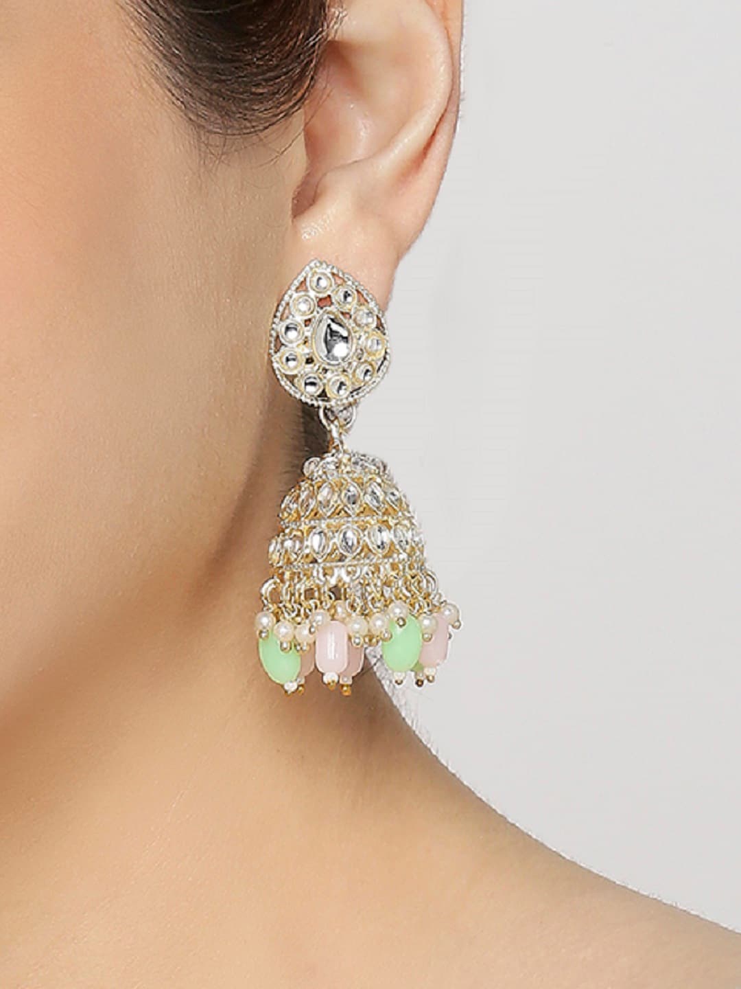 

OOMPH Floral Kundan Studded Jhumkas Ethnic Earrings, Gold