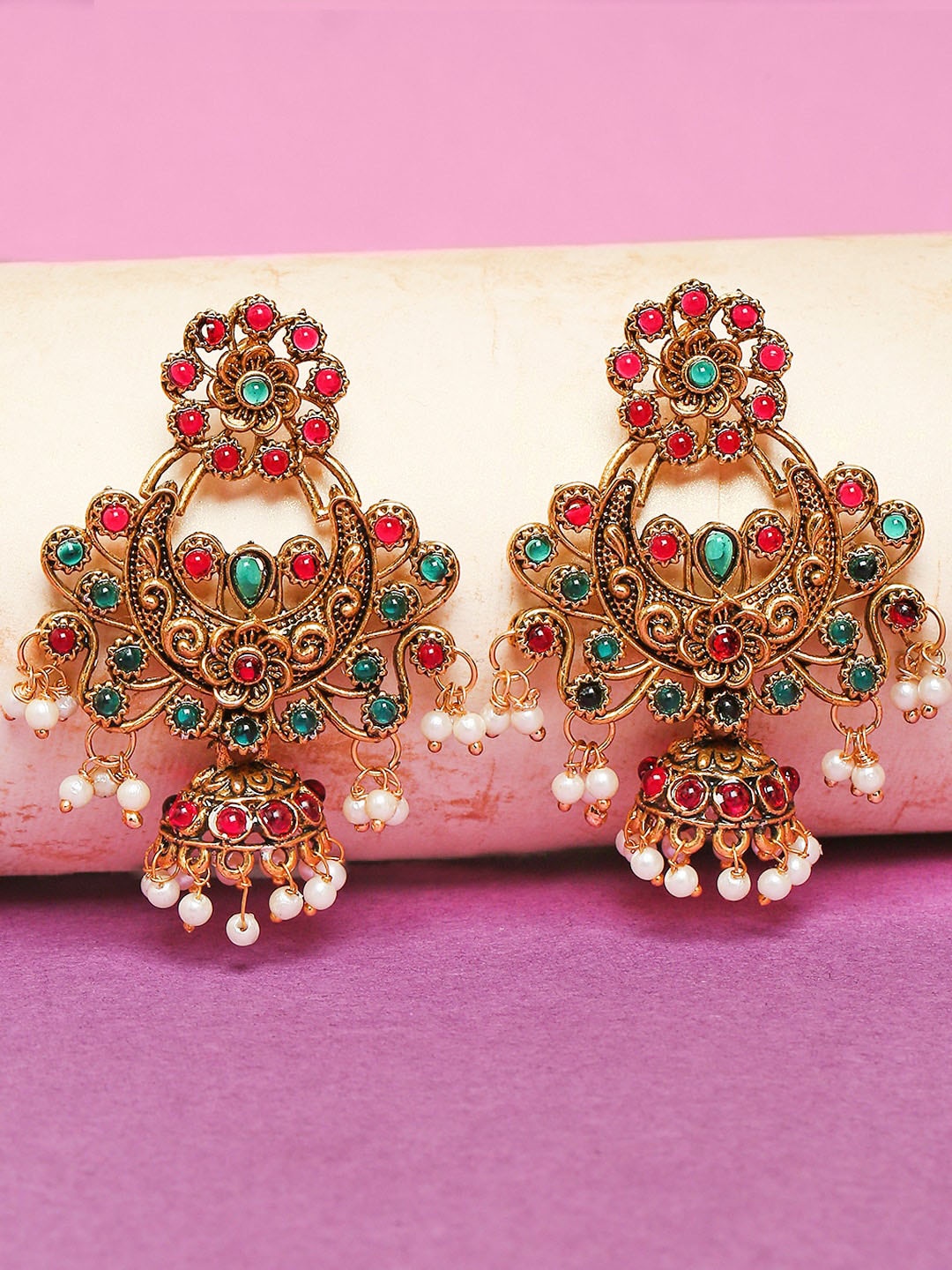 

OOMPH Stone Studded And Beaded Floral Jhumkas, Pink