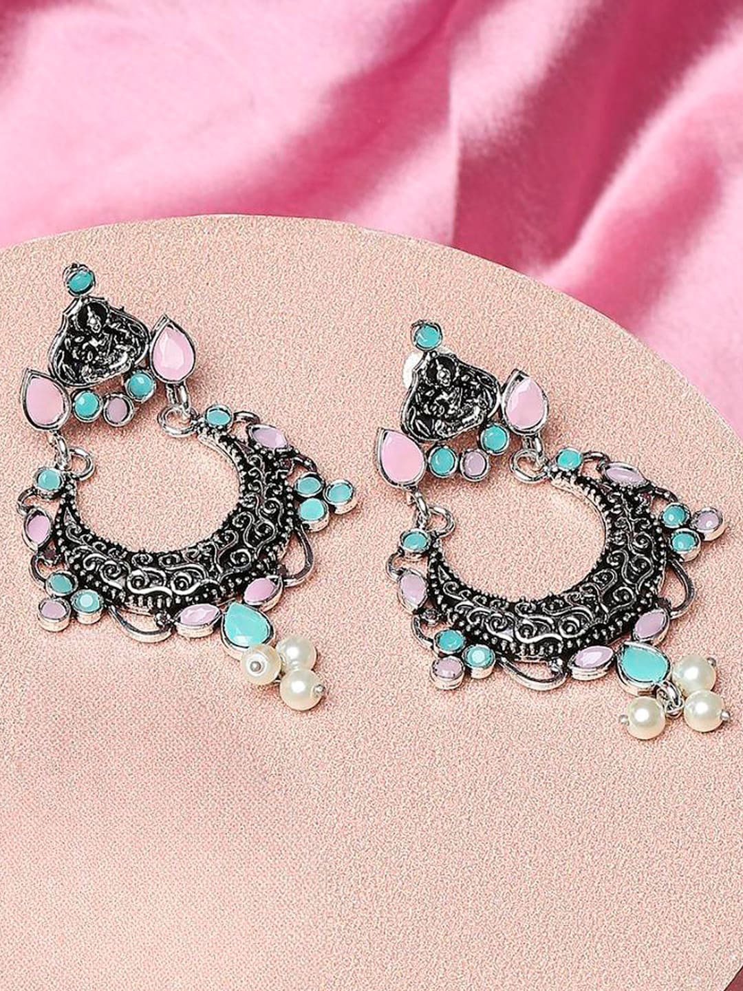 

OOMPH Oxidised Stone Studded Contemporary Chandbalis, Silver