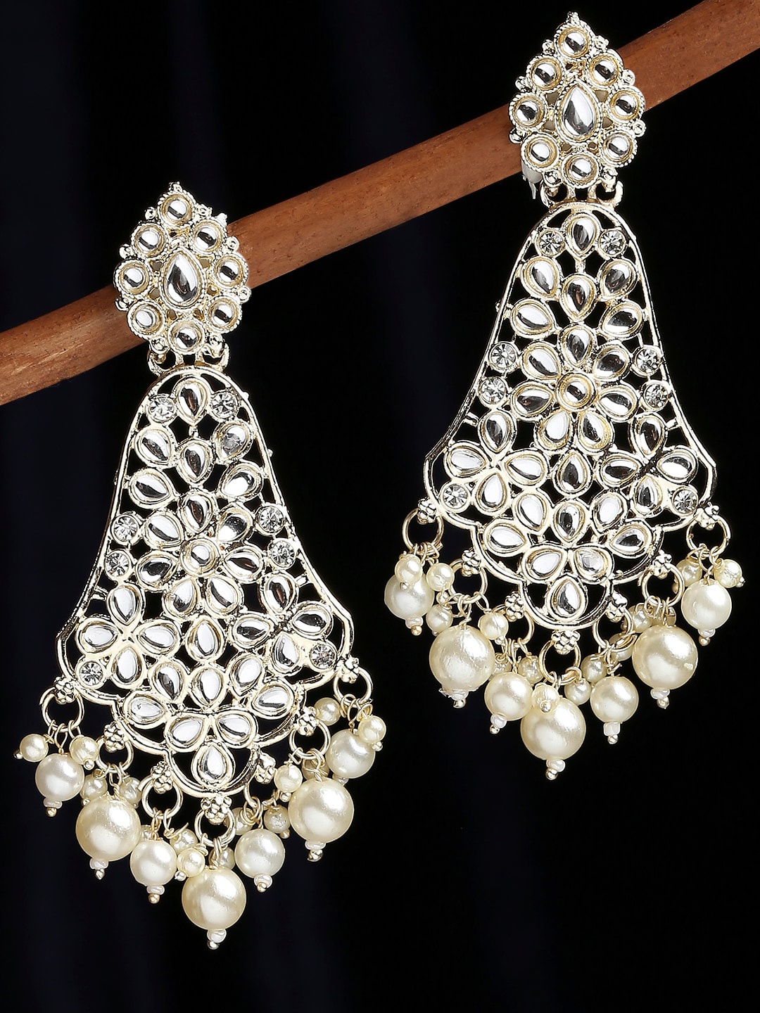 

OOMPH Gold-Plated Floral Kundan Studded Drop Earrings, White