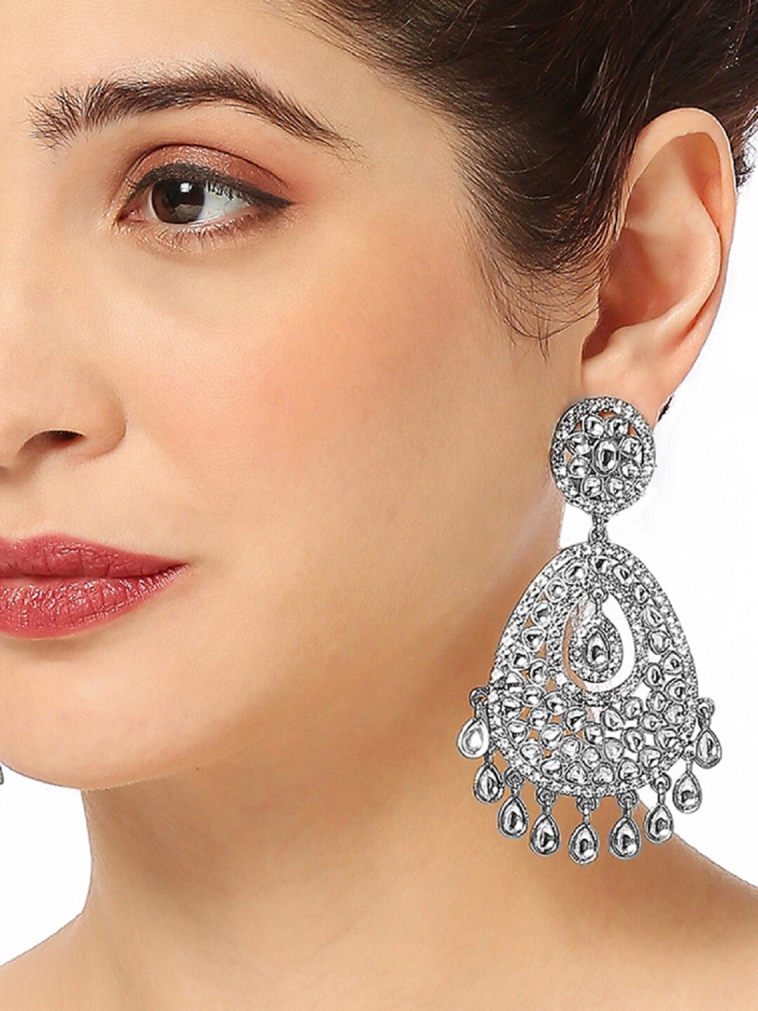 

OOMPH Kundan Studded Contemporary Chandbalis, Silver