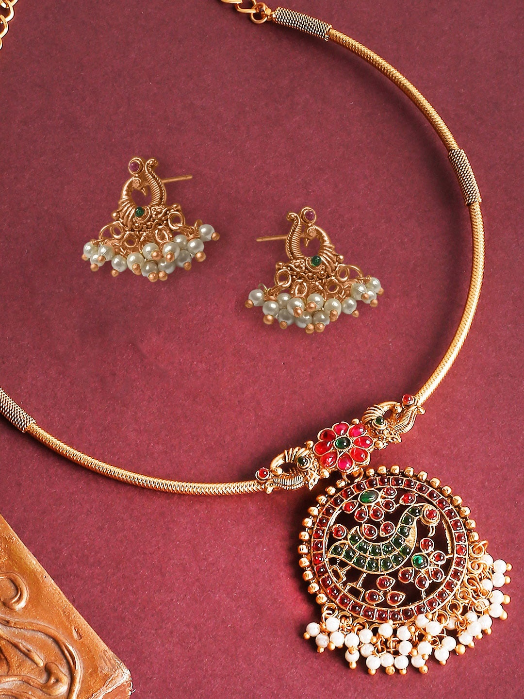 

OOMPH Stone-studded & Beaded Antique Temple Jewellery Peacock Cuff Necklace & Earrings, Gold