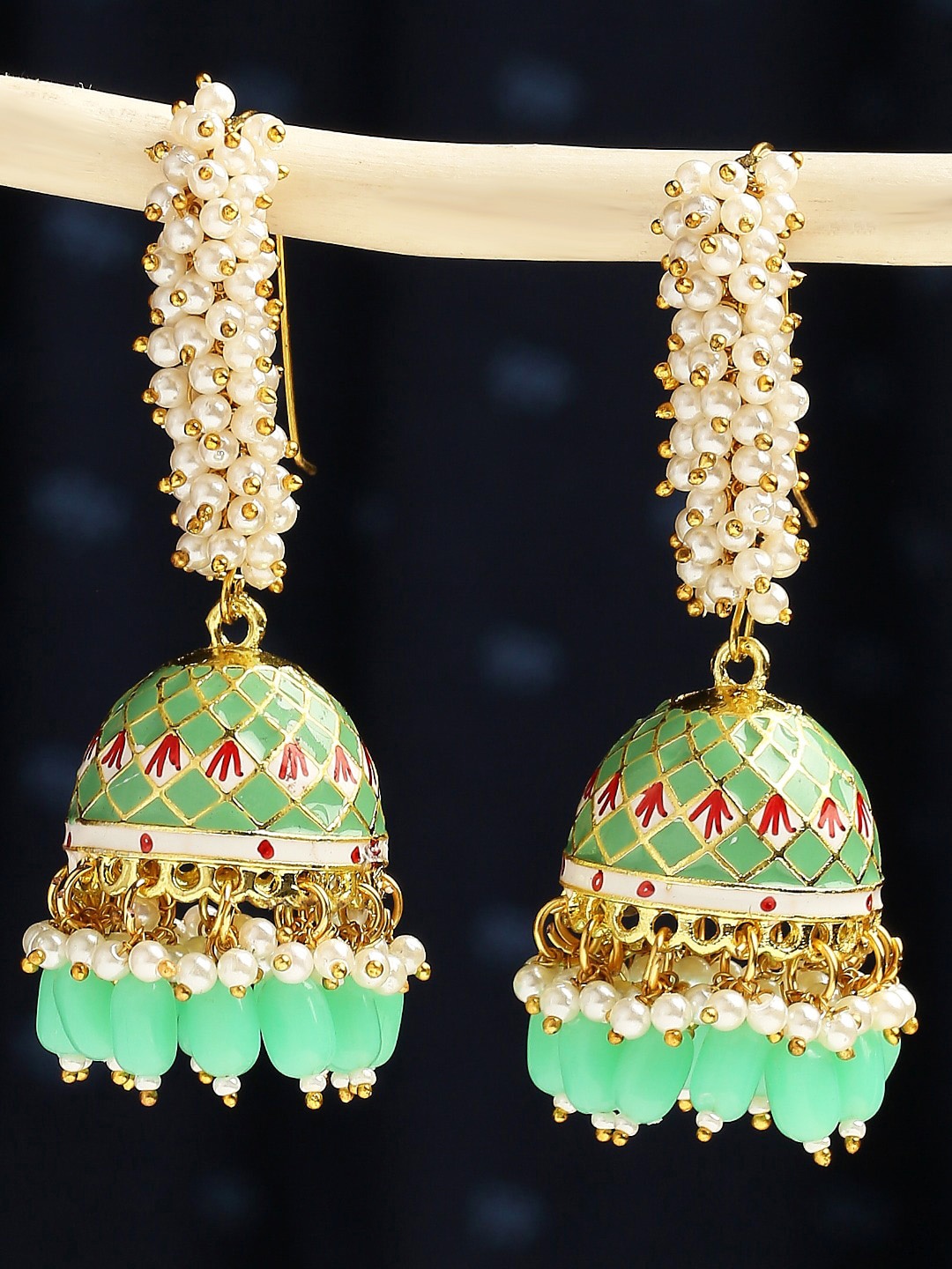 

OOMPH Meenakari Pearls Floral Jhumkas, Green