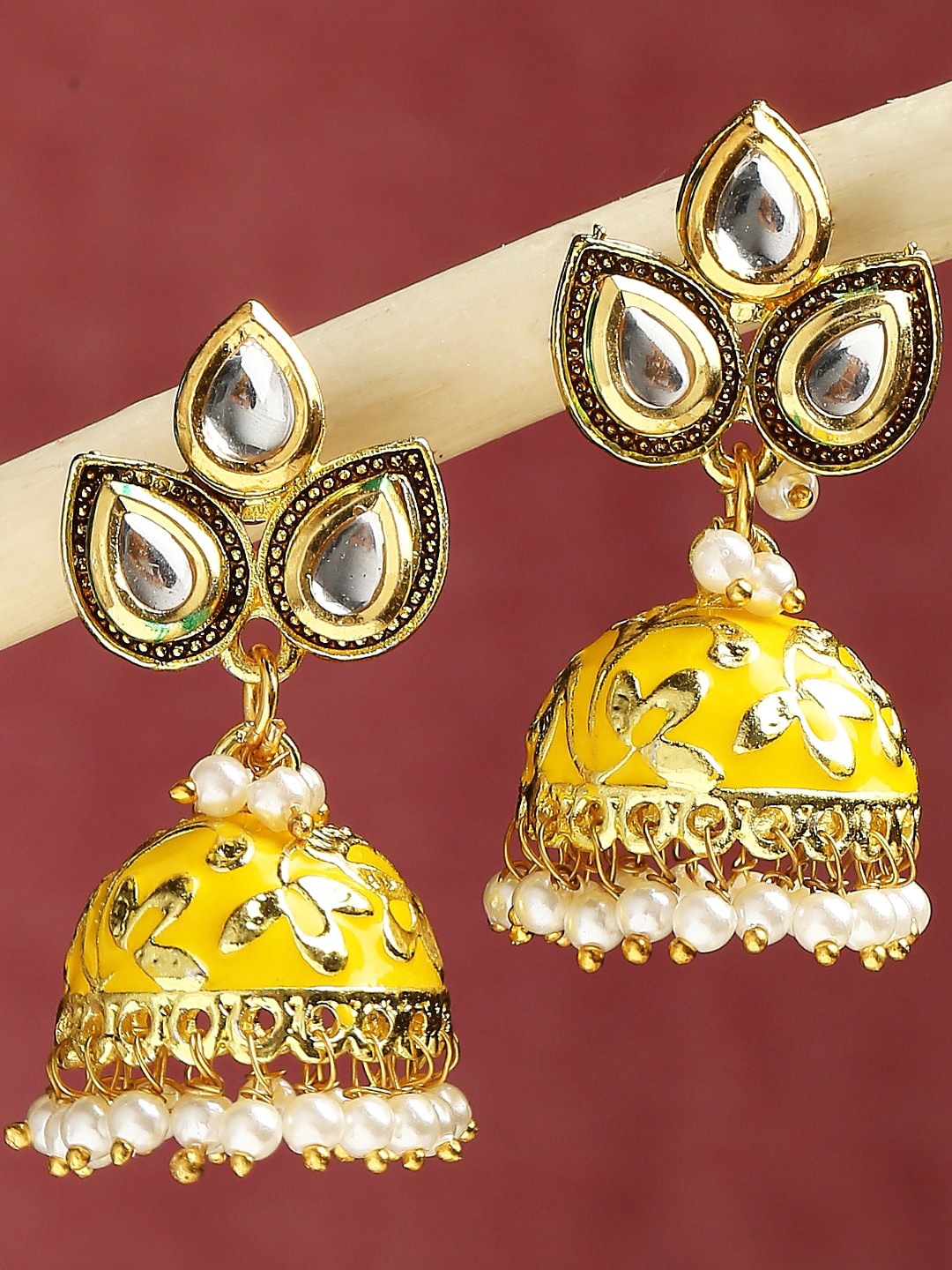 

OOMPH Kundan Studded Floral Meenakari Jhumkas, Gold