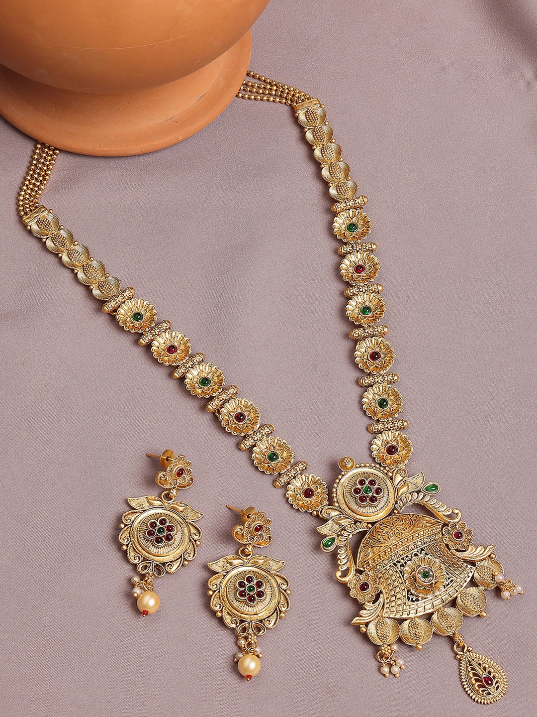 

OOMPH Stone-Studded Floral Jewellery Set, Gold