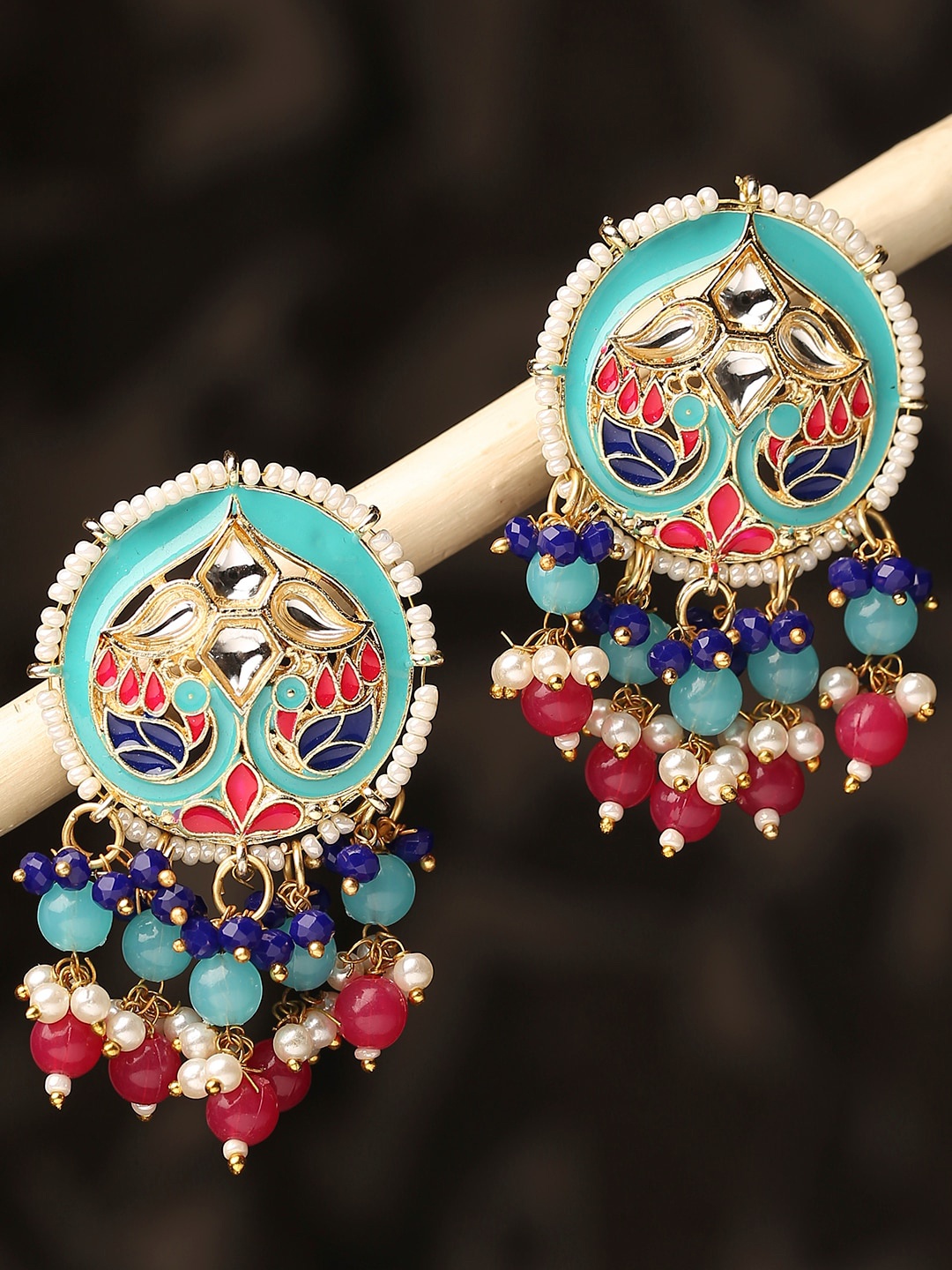 

OOMPH Kundan-Studded Meenakari Peacock Shaped Drop Earrings, Gold