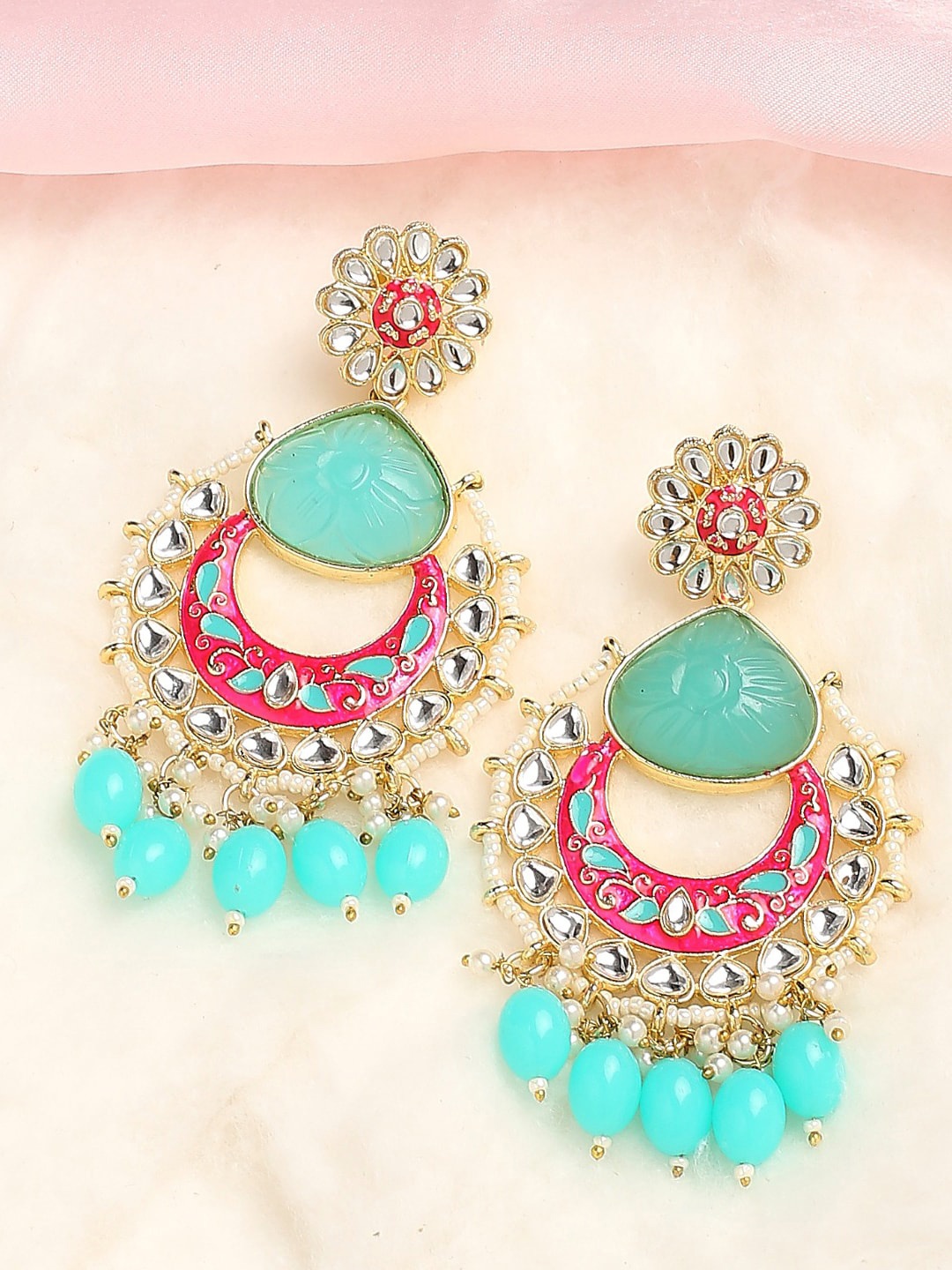 

OOMPH Floral Kundan Studded Chandbalis, Green