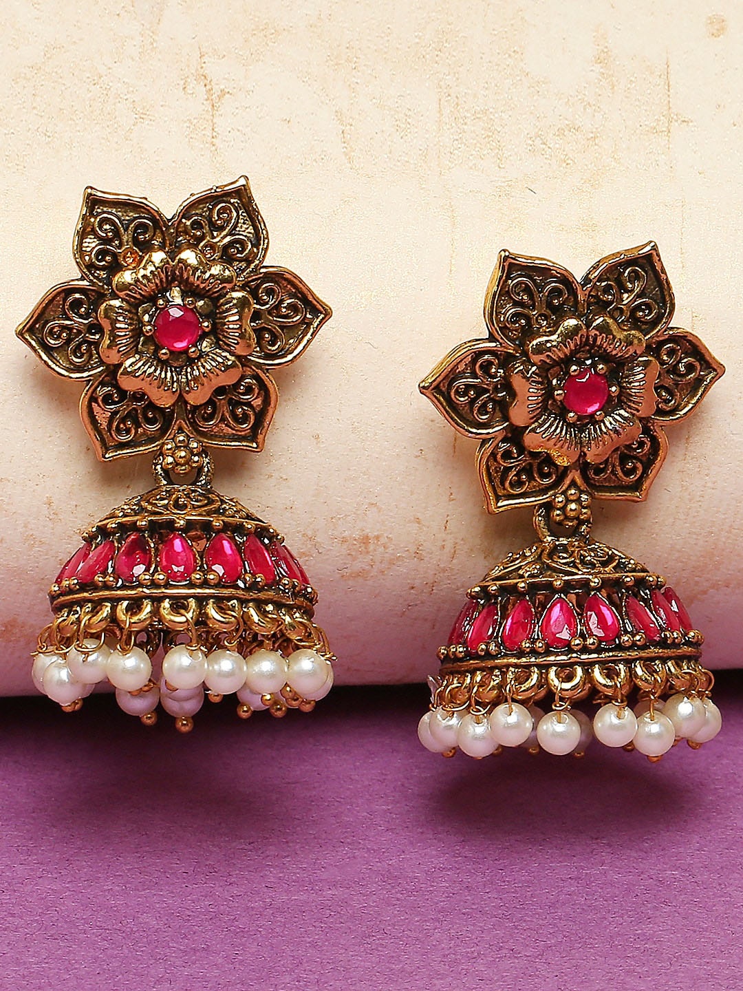 

OOMPH Stone Studded And Beaded Dome Shaped Antique Jhumkas, Maroon