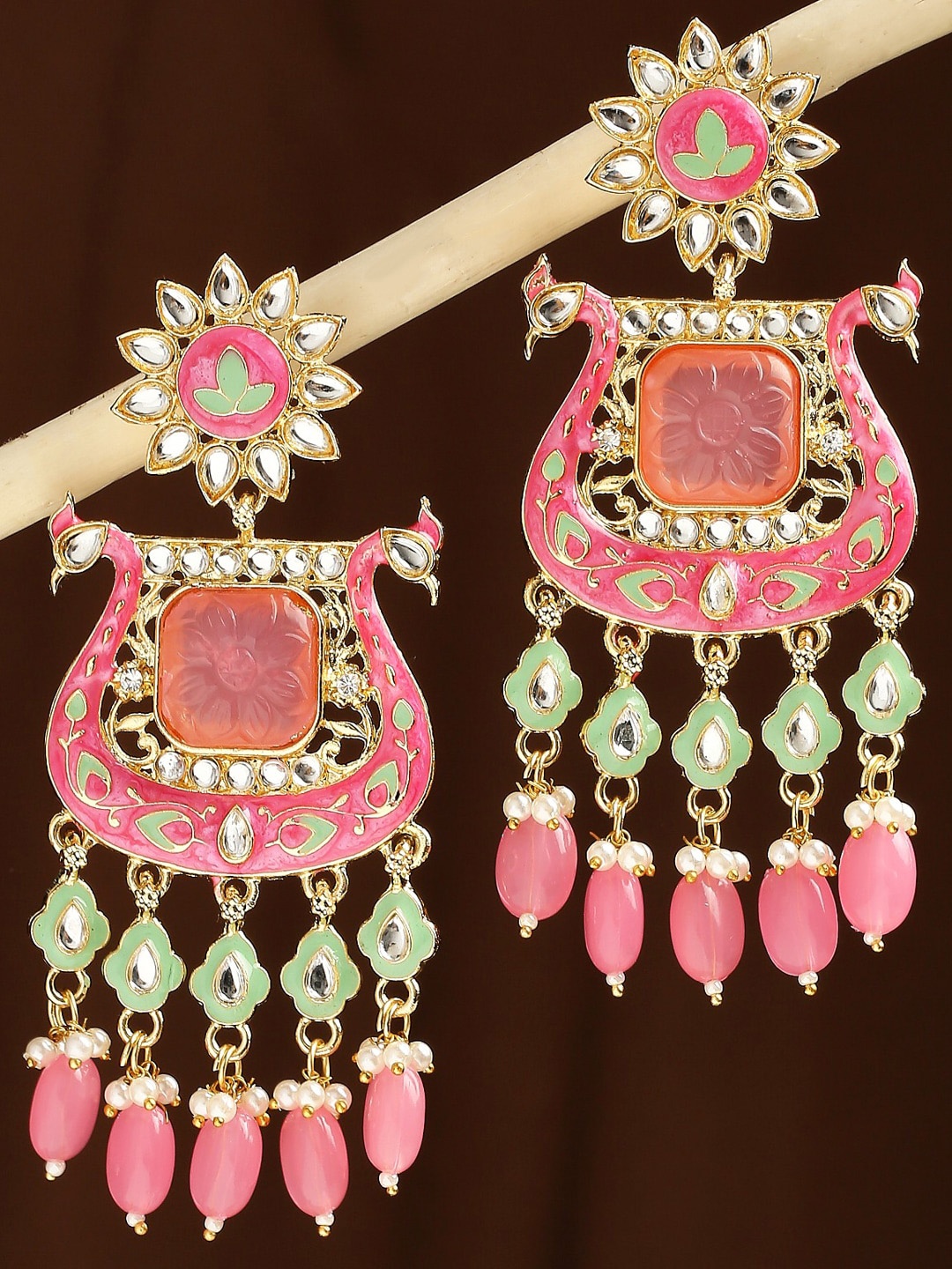 

OOMPH Kundan Studded Peacock Shaped Meenakari Chandbalis, Pink