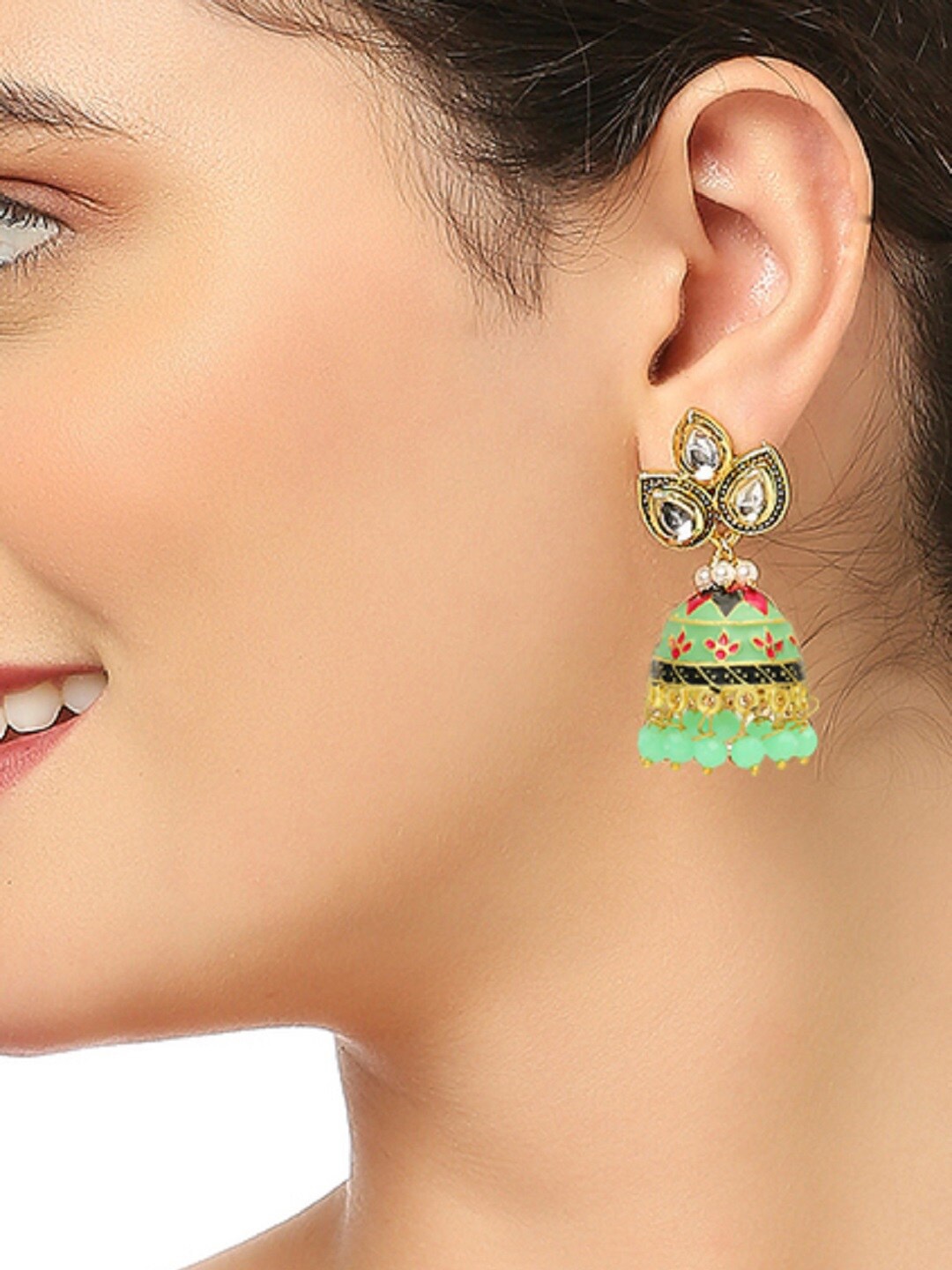 

OOMPH Meenakari Kundan Floral Jhumkas, Gold