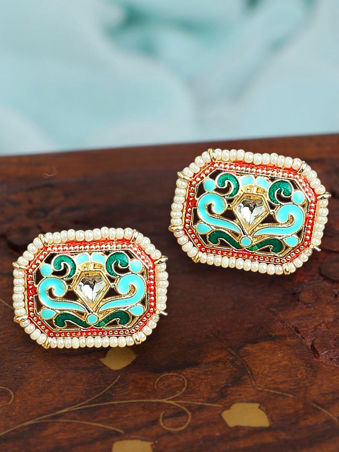 

OOMPH Beaded Meenakari Contemporary Studs Earrings, Turquoise blue