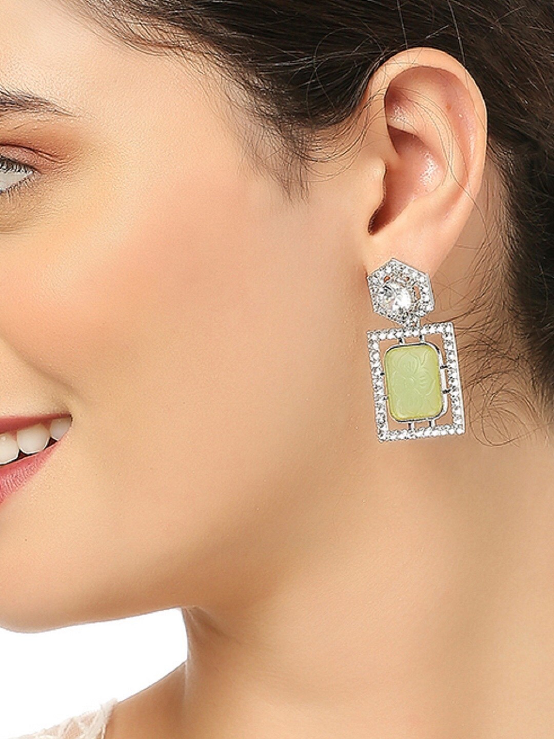 

OOMPH Geometric Shaped American Diamond-Studded Drop Earrings, Gold