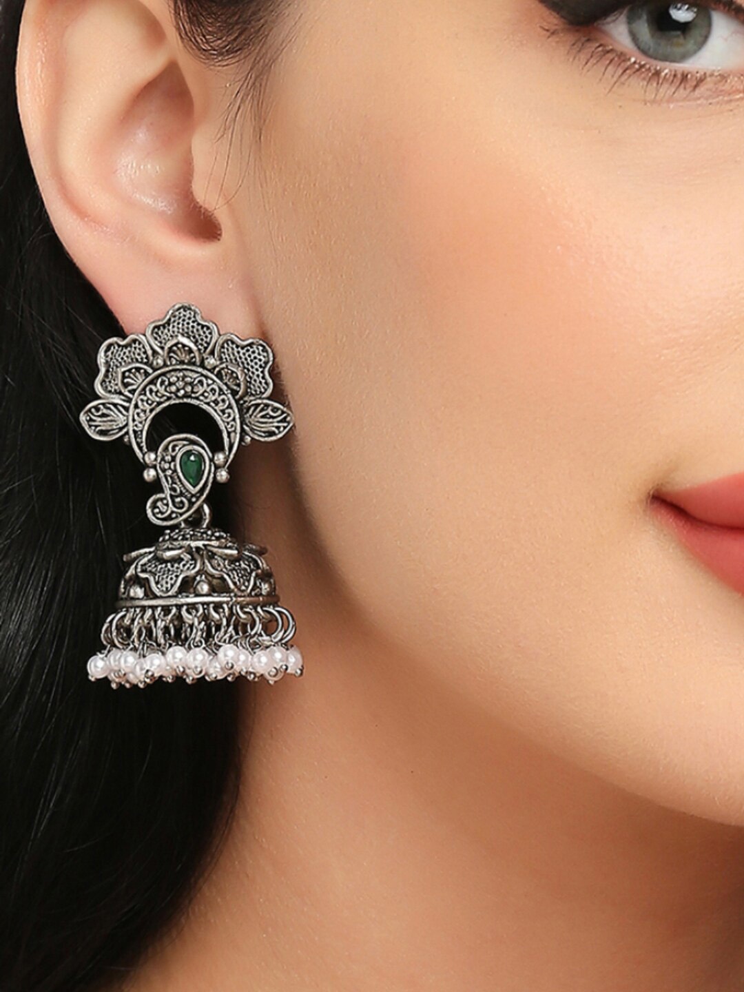 

OOMPH Studded Oxidised Floral Jhumka, Silver