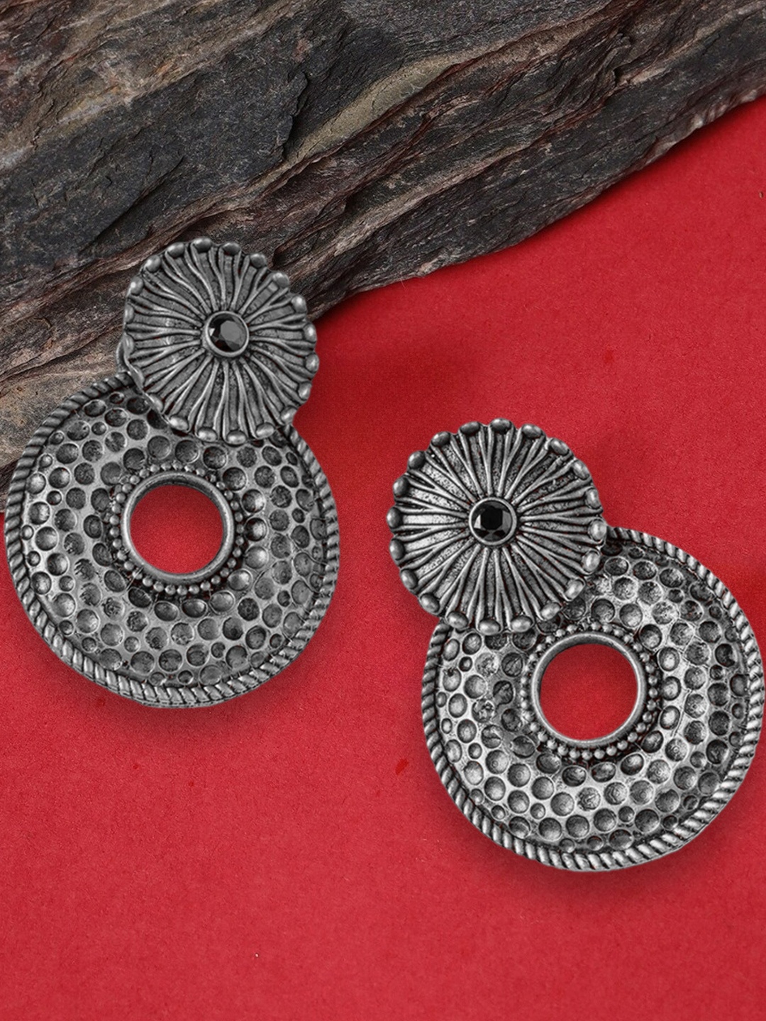 

OOMPH Oxidised Circular Drop Earrings, Black