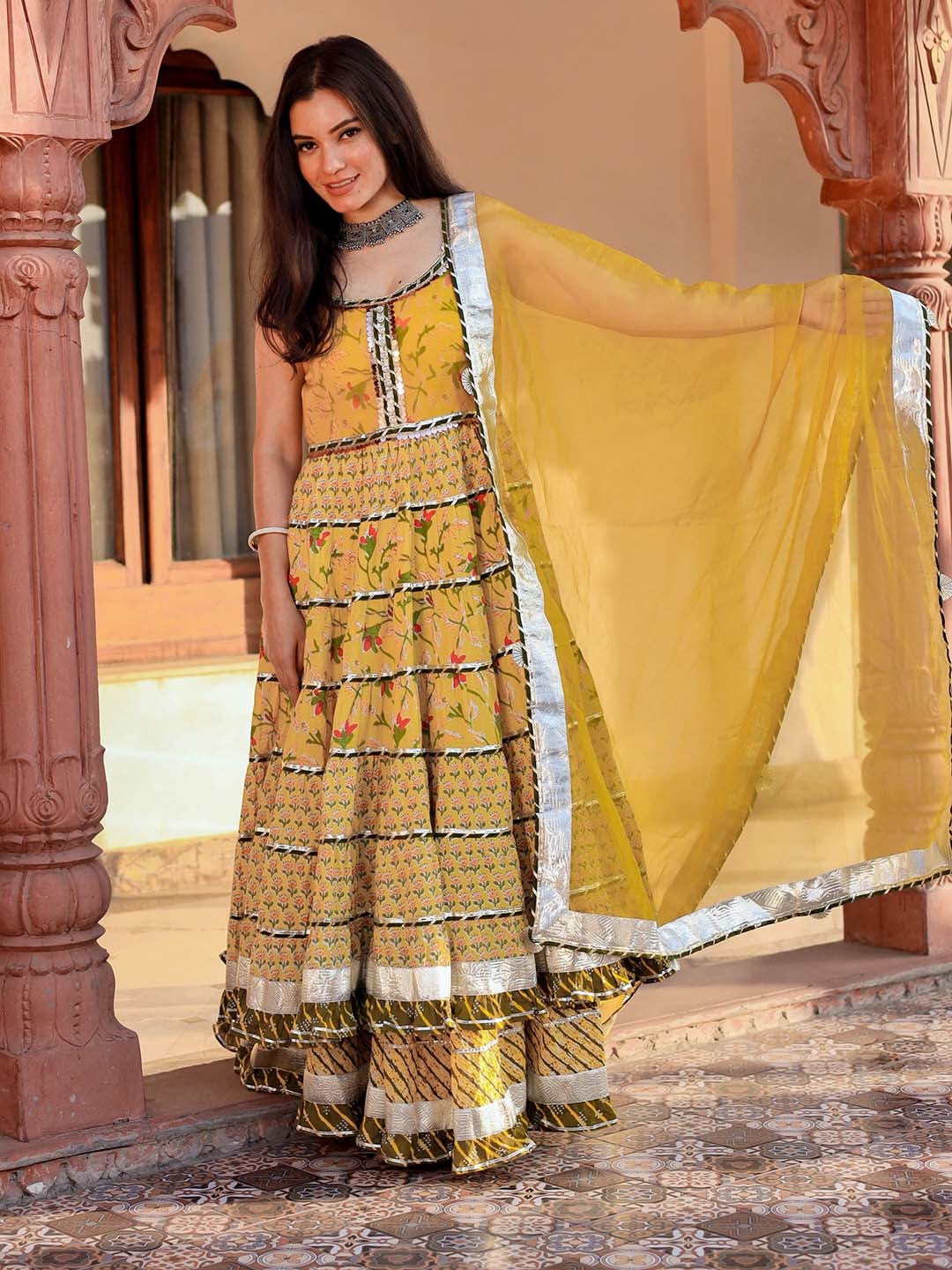 

KALINI Floral Embroidered Gotta Patti Pure Cotton Anarkali Kurta With Skirt & Dupatta, Yellow