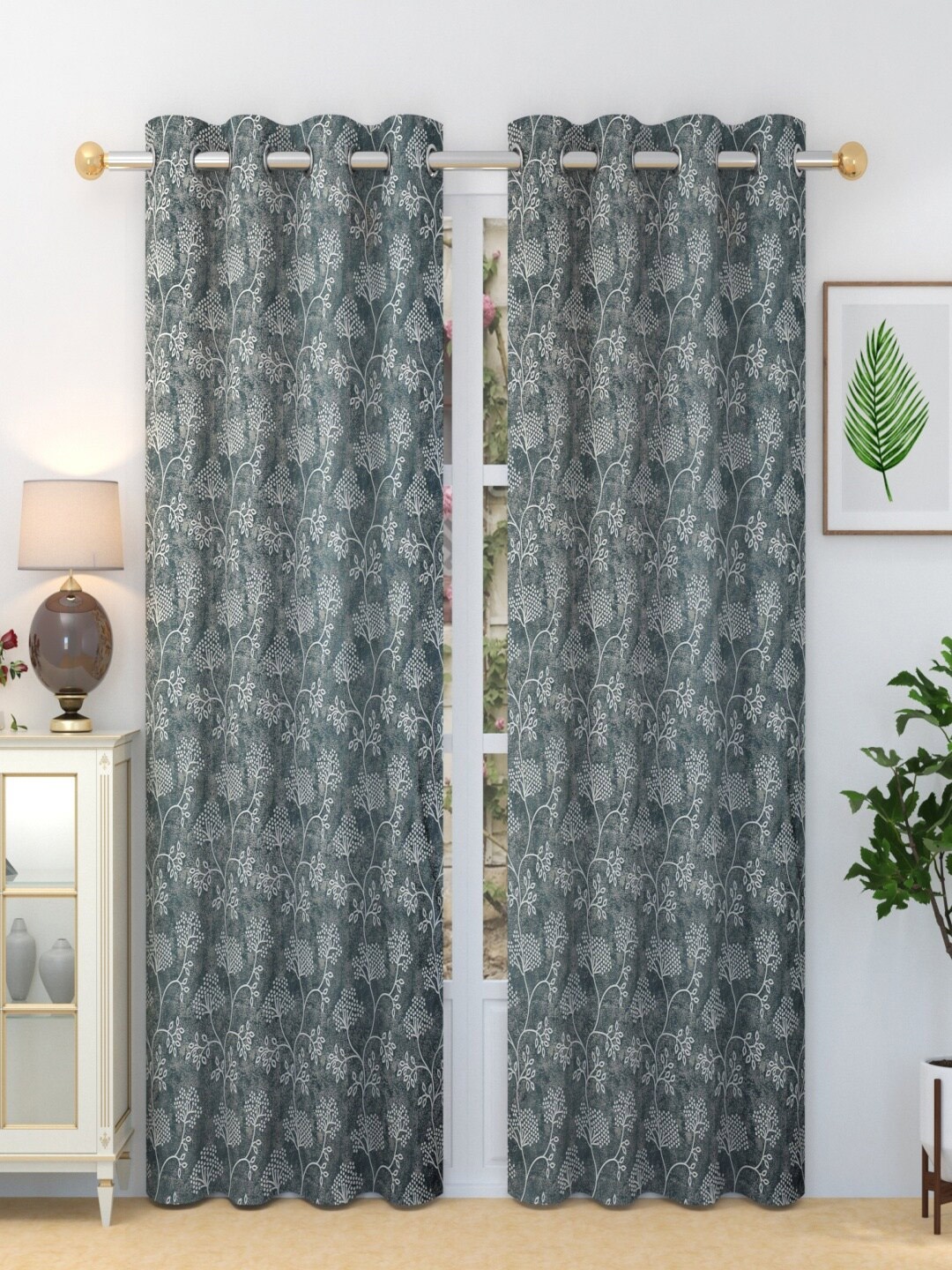 Aura Grey & White 2 Pieces Floral Printed Door Curtain
