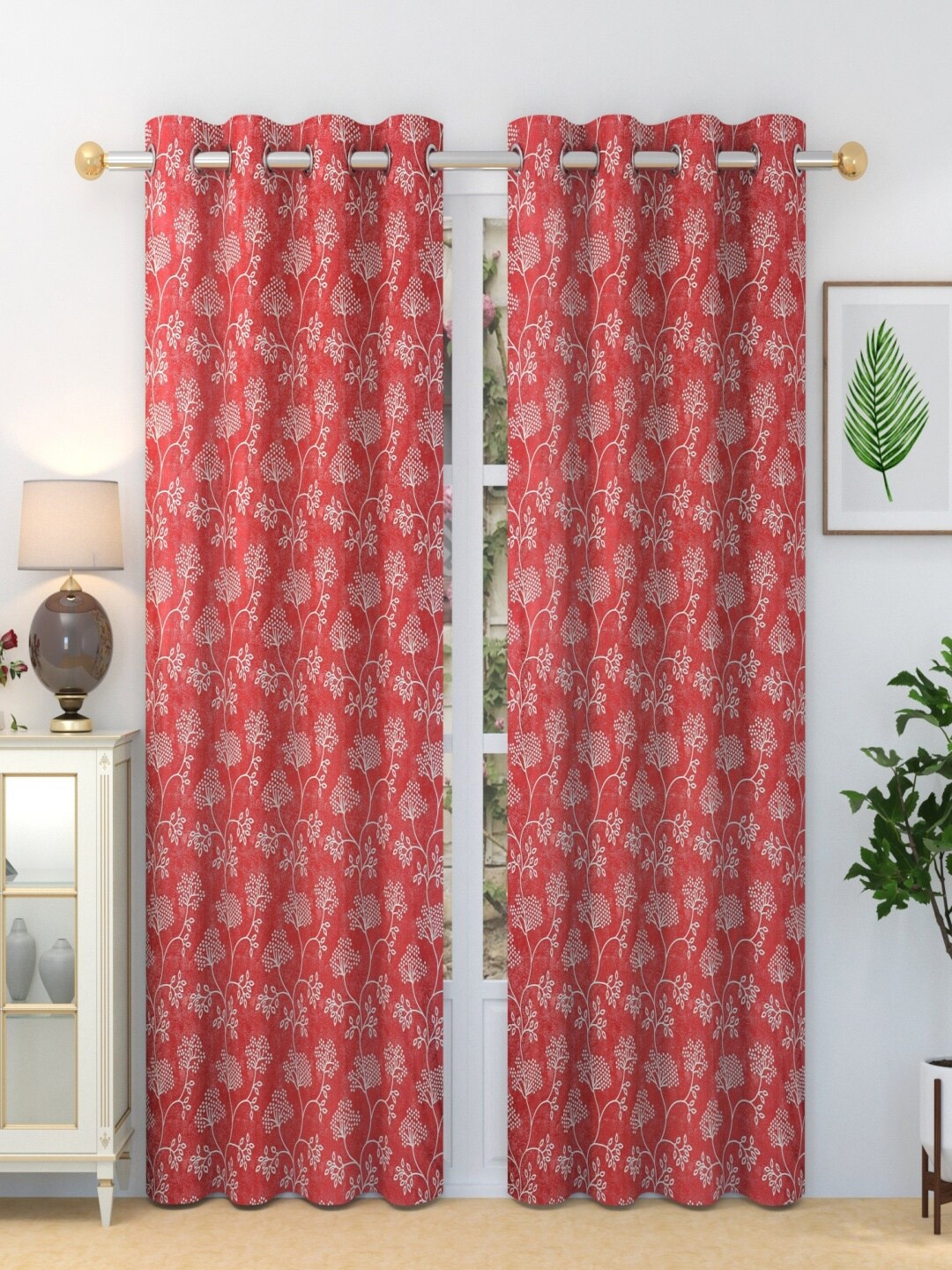 

Aura Red & White 2 Pieces Floral Printed Long Door Curtain, Maroon