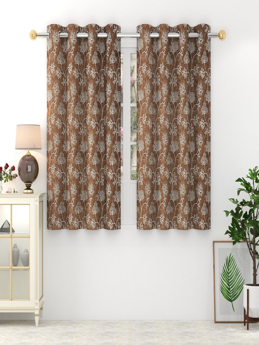 

Aura Brown 2 Pieces Floral Printed Window Curtain