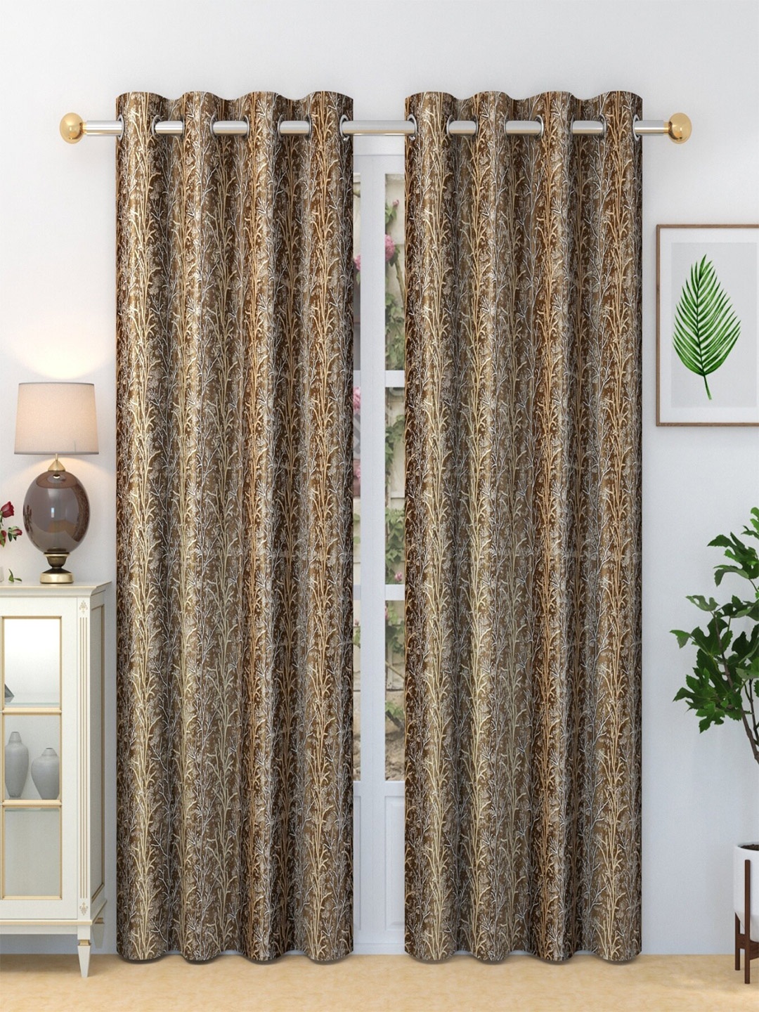 Aura Brown & White 2 Pieces Floral Printed Long Door Curtain