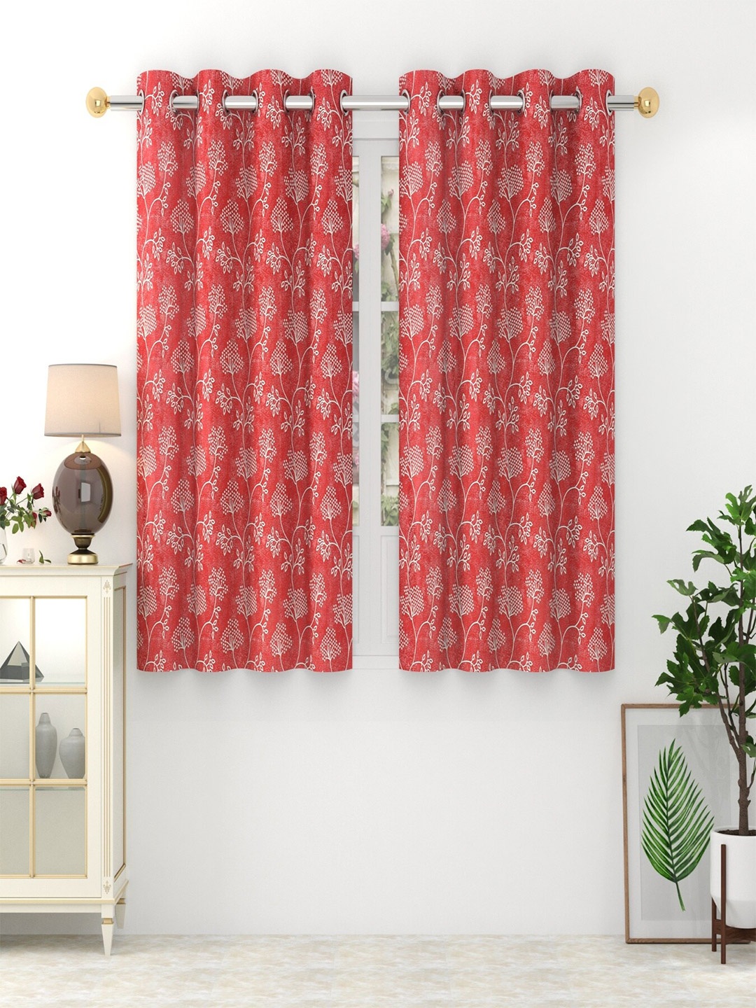 

Aura Red & White 2 Pieces Floral Printed Window Curtain