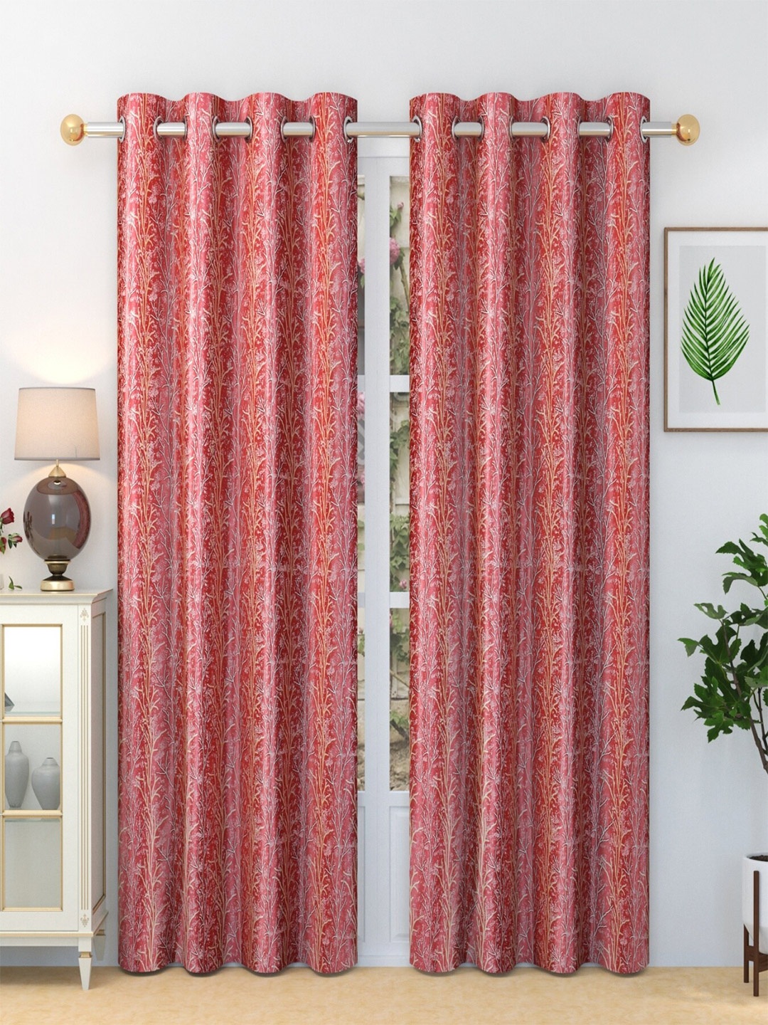 

Aura Red & White 2 Pieces Floral Printed Long Door Curtain