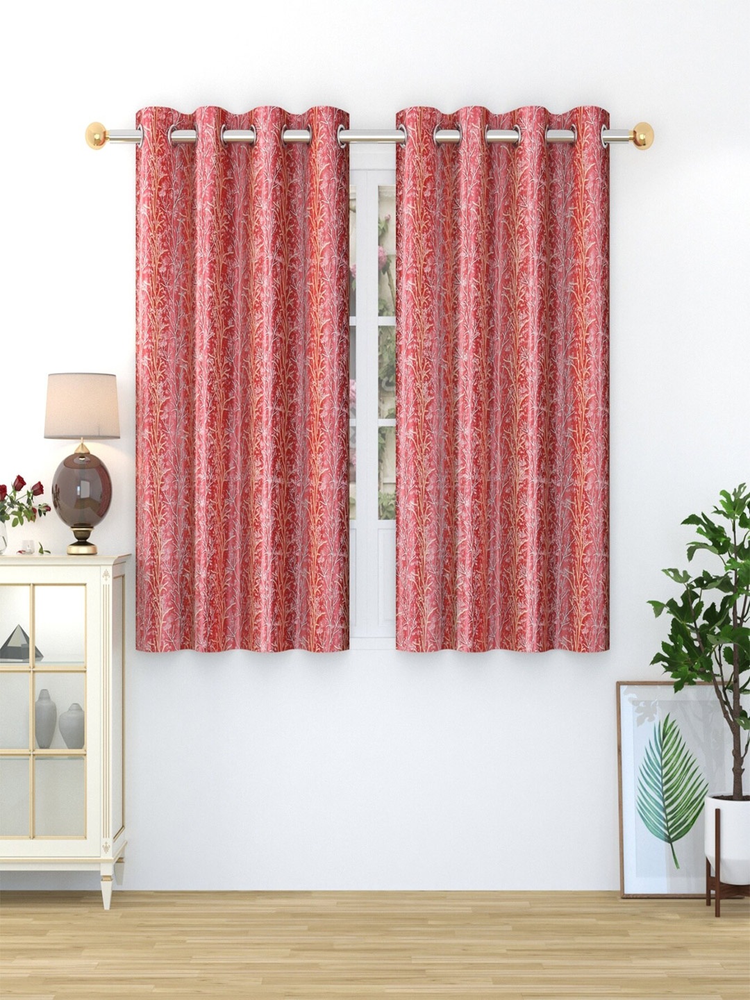 

Aura Red & White 2 Pieces Printed Window Curtains, Maroon