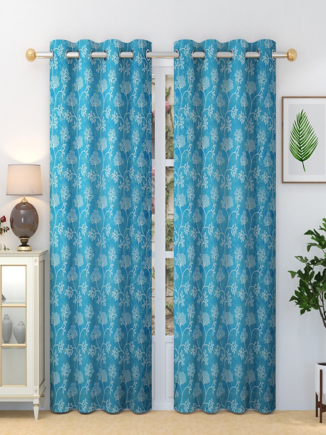 

Aura Blue & White 2 Pieces Floral Printed Door Curtain