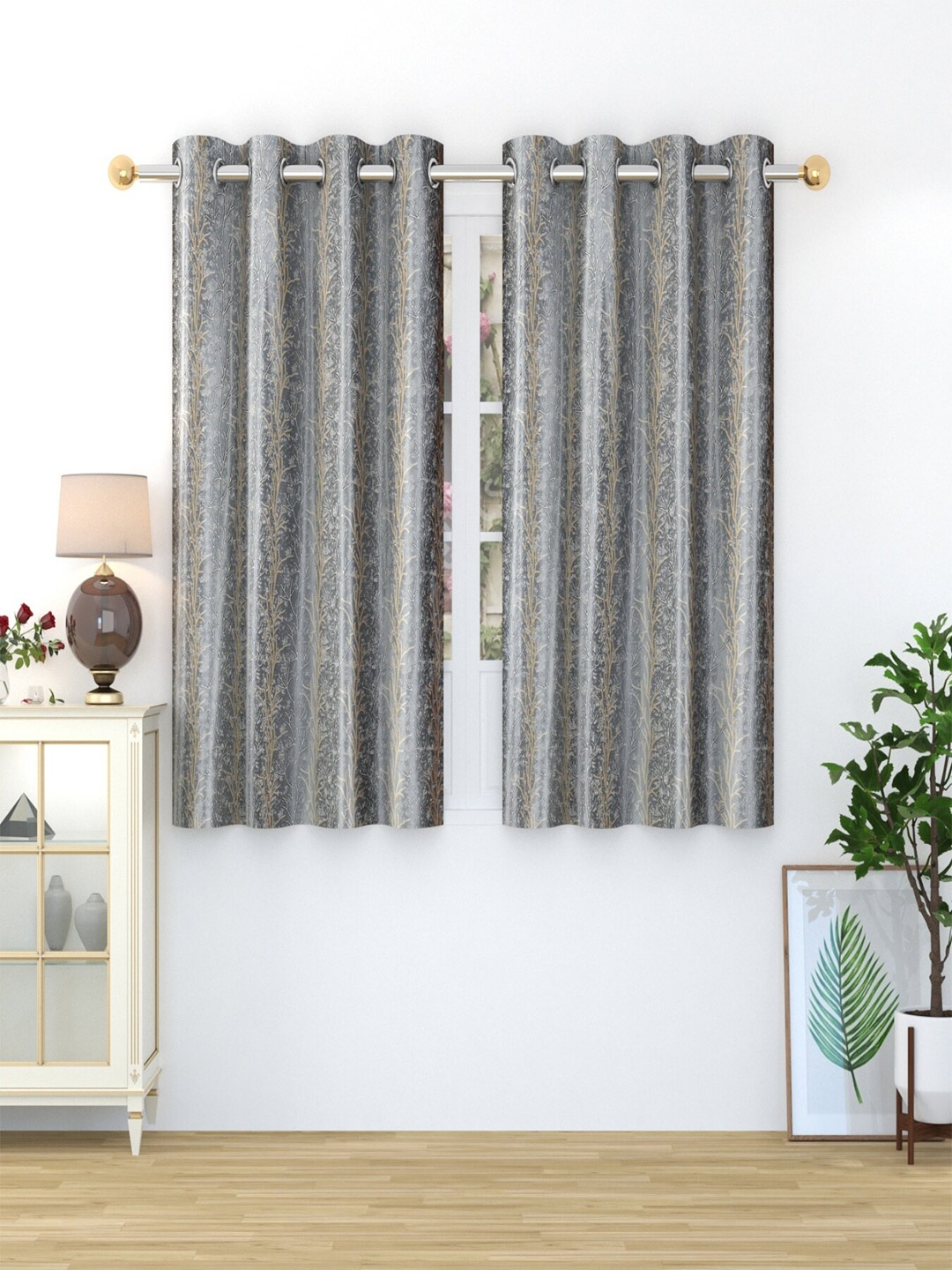 

Aura Grey & Black 2 Pieces Floral Printed Window Curtain
