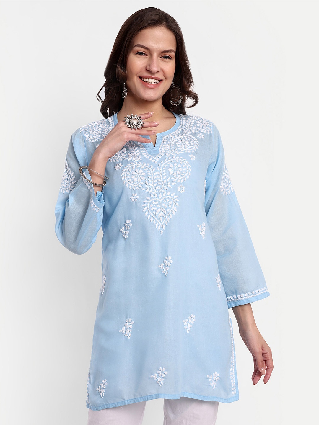 

ADA Ethnic Motifs Embroidered Lucknowi Chikankari Pure Cotton Kurti, Blue