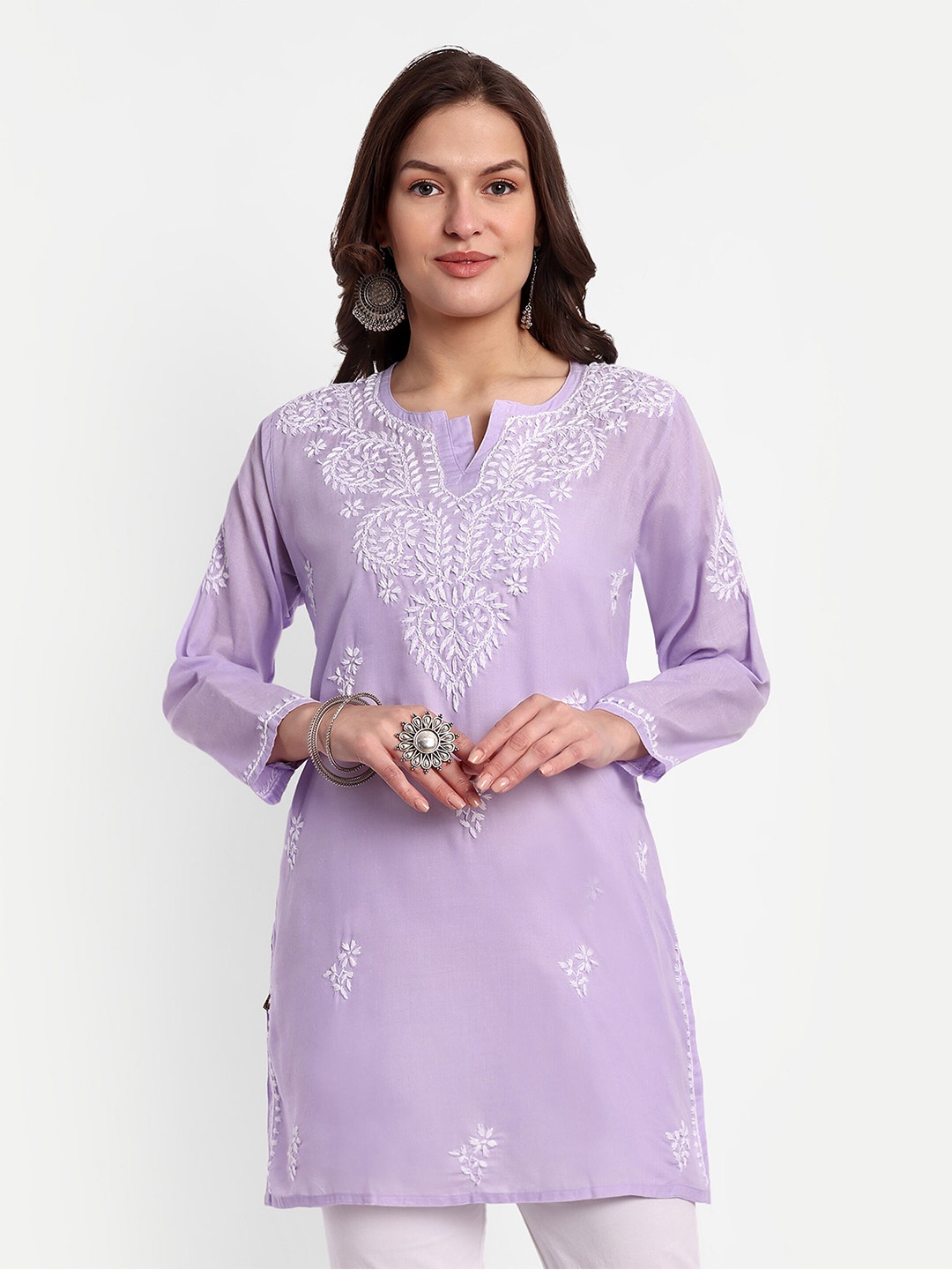 

ADA Ethnic Motifs Embroidered Chikankari Detail Pure Cotton Kurti, Mauve