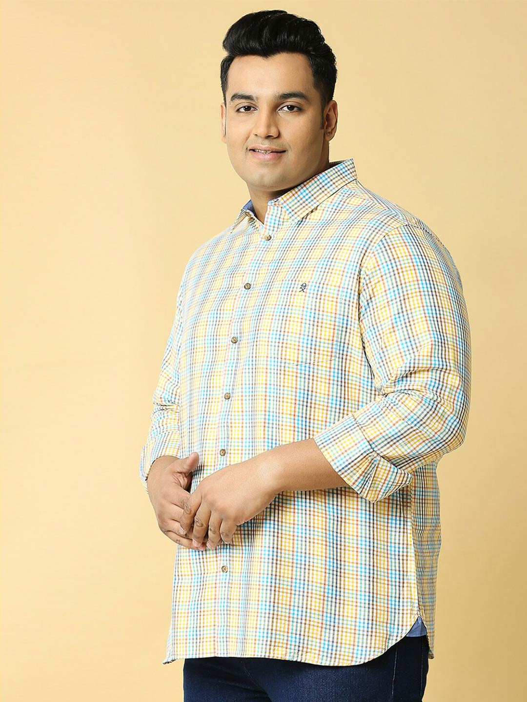 

Thomas Scott Plus Size Premium Slim Fit Micro Checked Pure Cotton Casual Shirt, Yellow