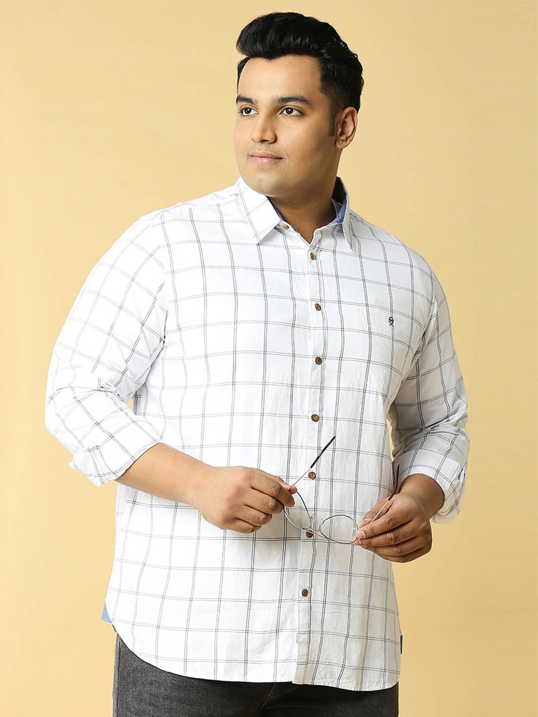 

Thomas Scott Plus Size Premium Slim Fit Windowpane Checked Pure Cotton Casual Shirt, White