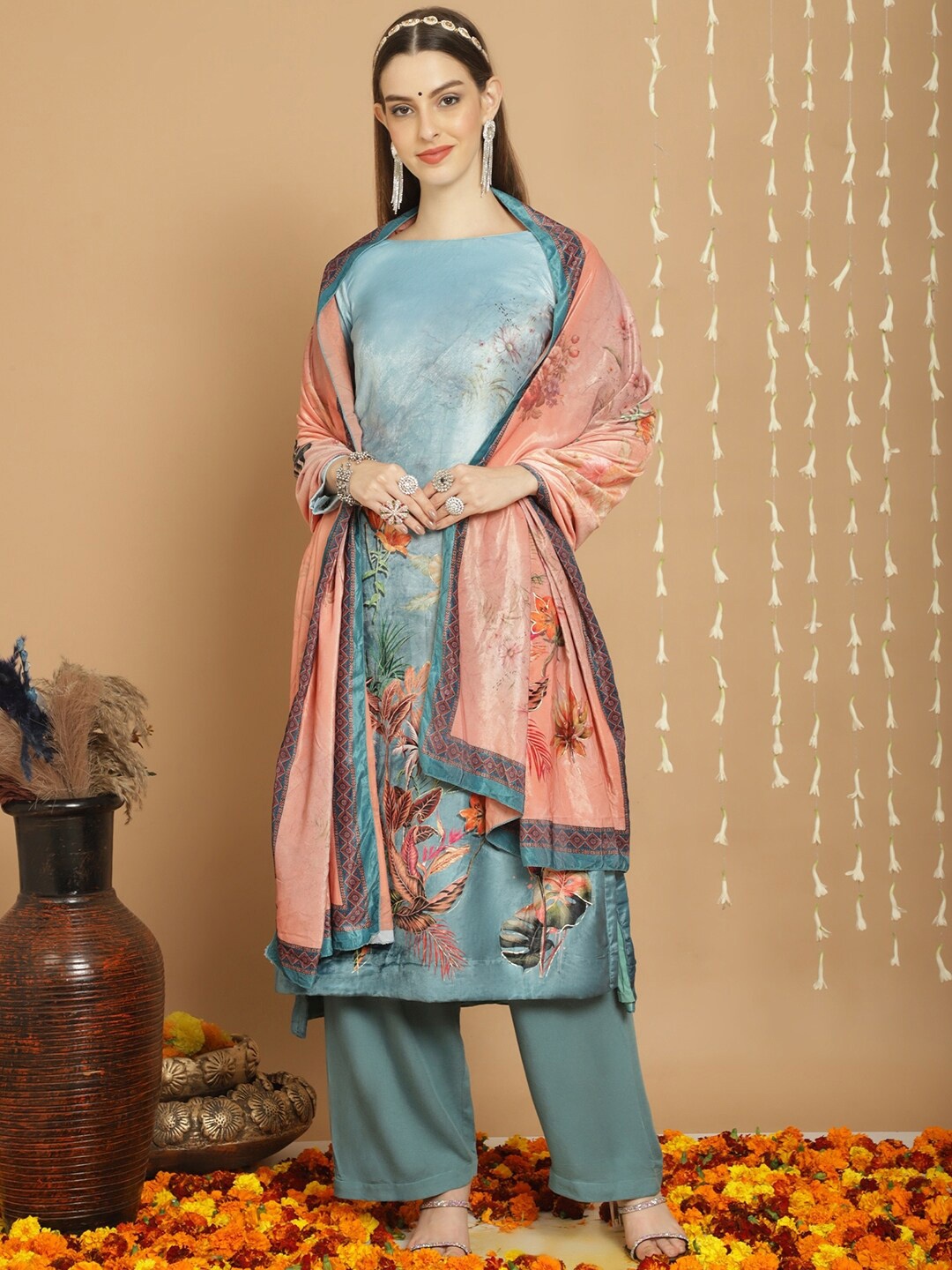 

Stylee LIFESTYLE Printed Velvet Unstitched Dress Material, Turquoise blue