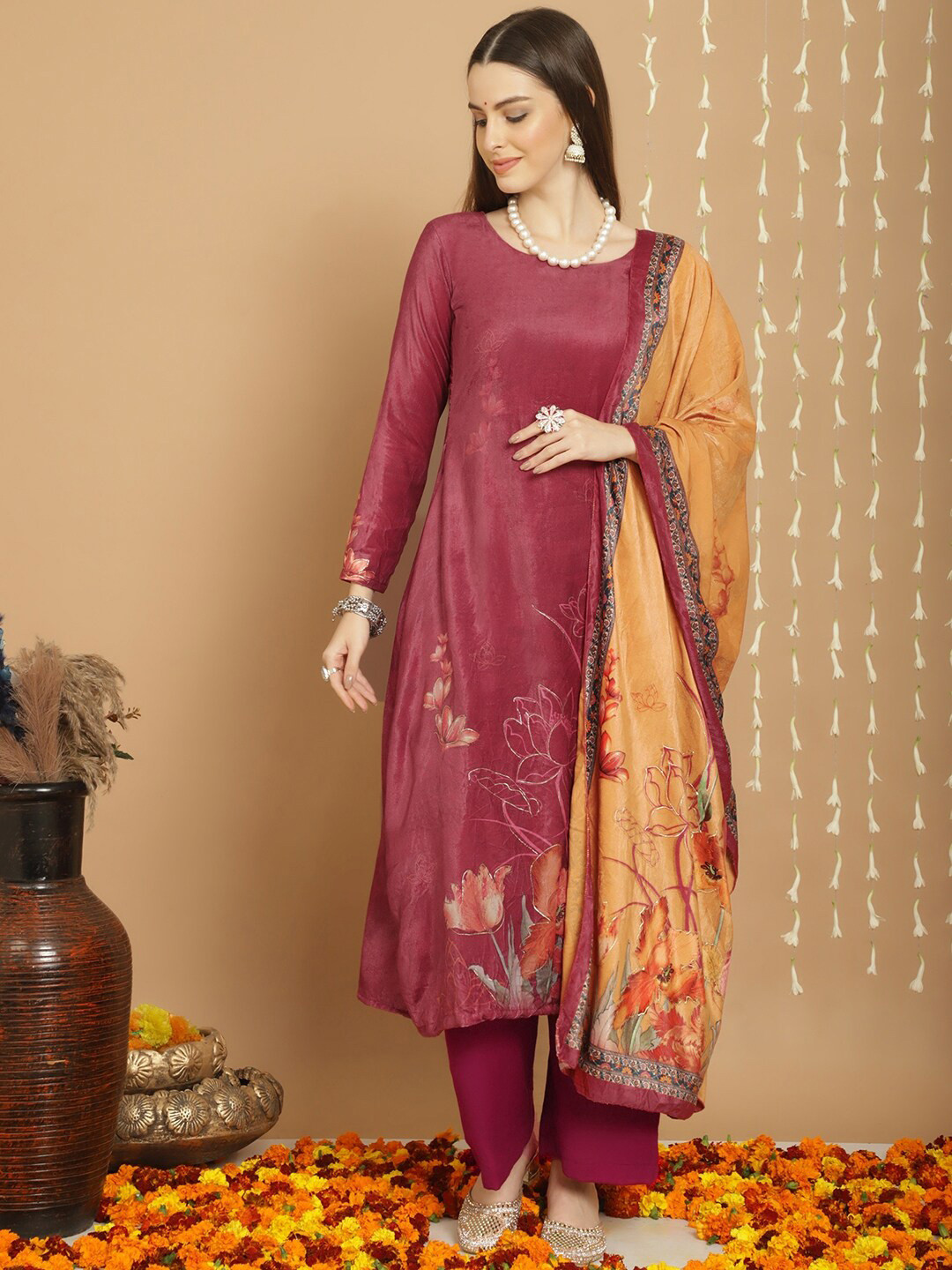 

Stylee LIFESTYLE Printed Velvet Unstitched Dress Material, Pink